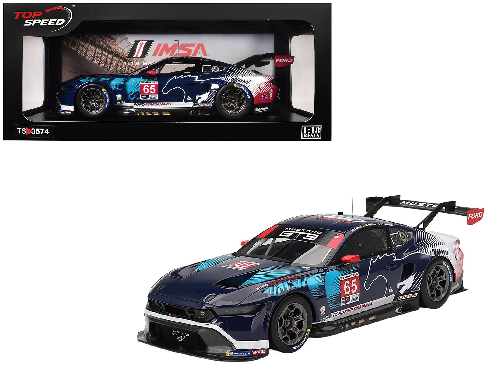 Sure, here is the corrected and grouped text from the image:

---

**Top Speed IMSA**

- **FORD**
- **MICHELIN**
- **MUSTANG**
- **FORD PERFORMANCE**
- **WeatherTech**
- **MOTUL**
- **TS 0574**
- **1:18 RESIN**
- **IMSA**
- **65**
- **MUSTANG**
- **FORD PERFORMANCE**
- **WeatherTech**
- **MOTUL**
- **MICHELIN**

---