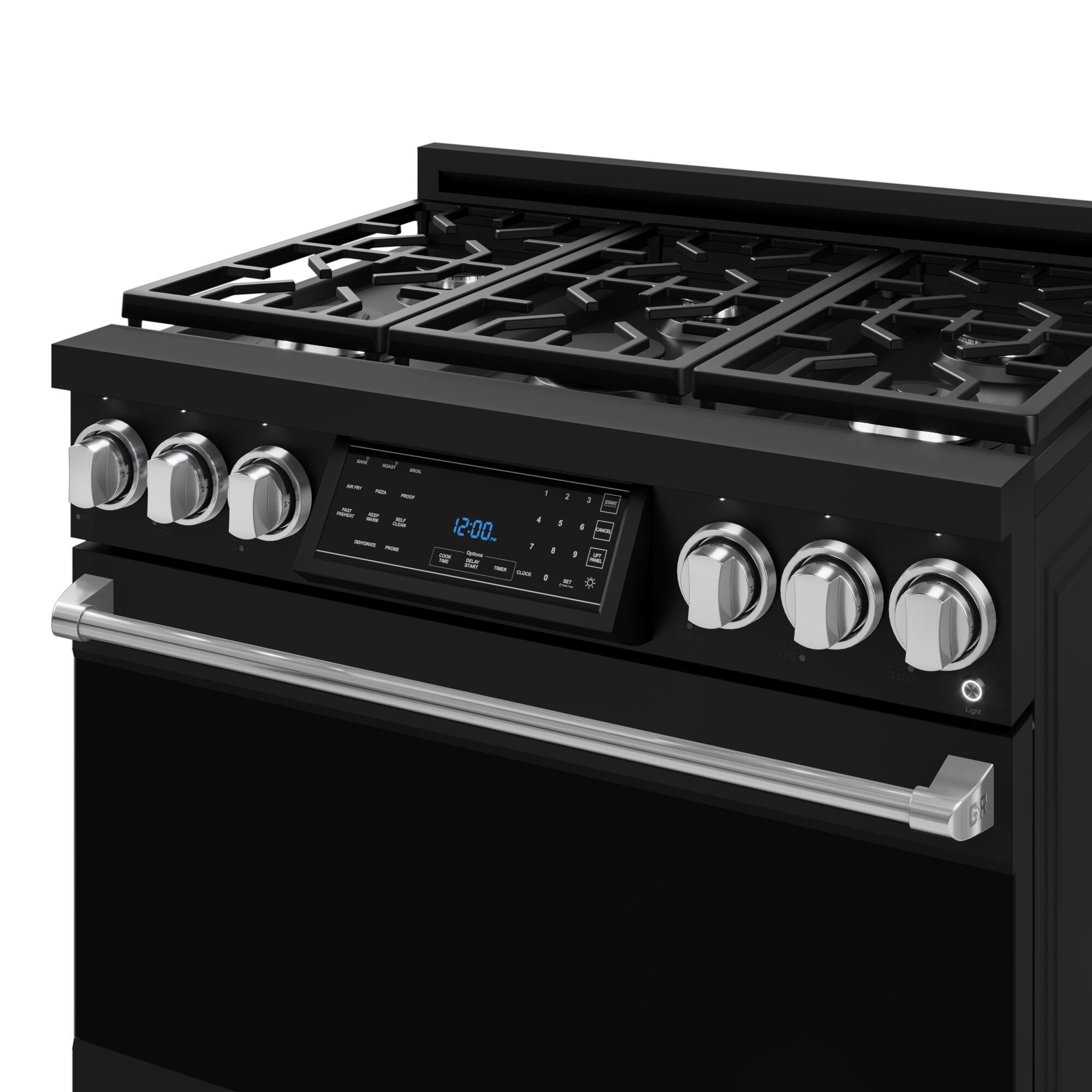 The image features a black stove with a digital display showing the time of 12:00. The stove has a total of 12 burners, including 6 on the top and 6 on the bottom. The burners are arranged in a circular pattern, with some located closer to the center and others towards the edges of the stove. The stove is a modern and sleek design, likely offering advanced features and functions for cooking.