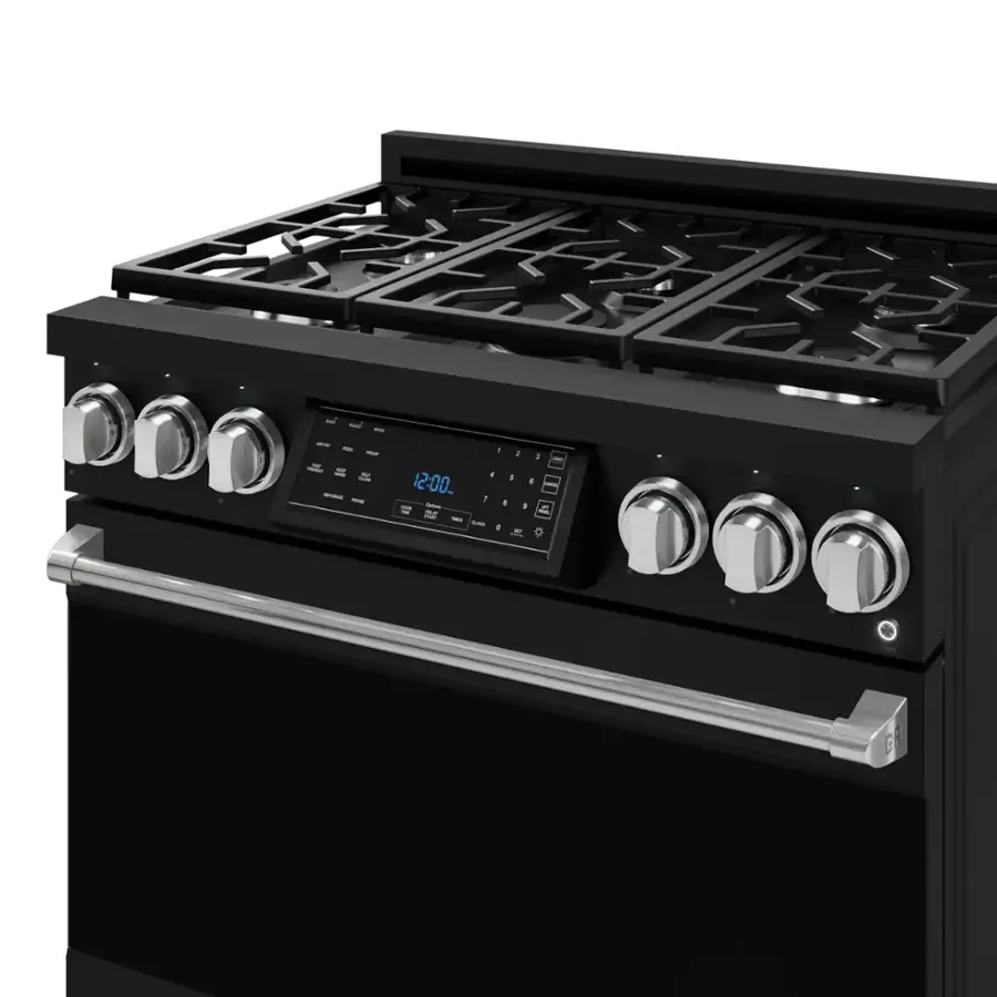 The image features a black stove with a digital display showing the time of 12:00. The stove has a total of 12 burners, including 6 on the top and 6 on the bottom. The burners are arranged in a circular pattern, with some located closer to the center and others towards the edges of the stove. The stove is a modern and sleek design, likely offering advanced features and functions for cooking.