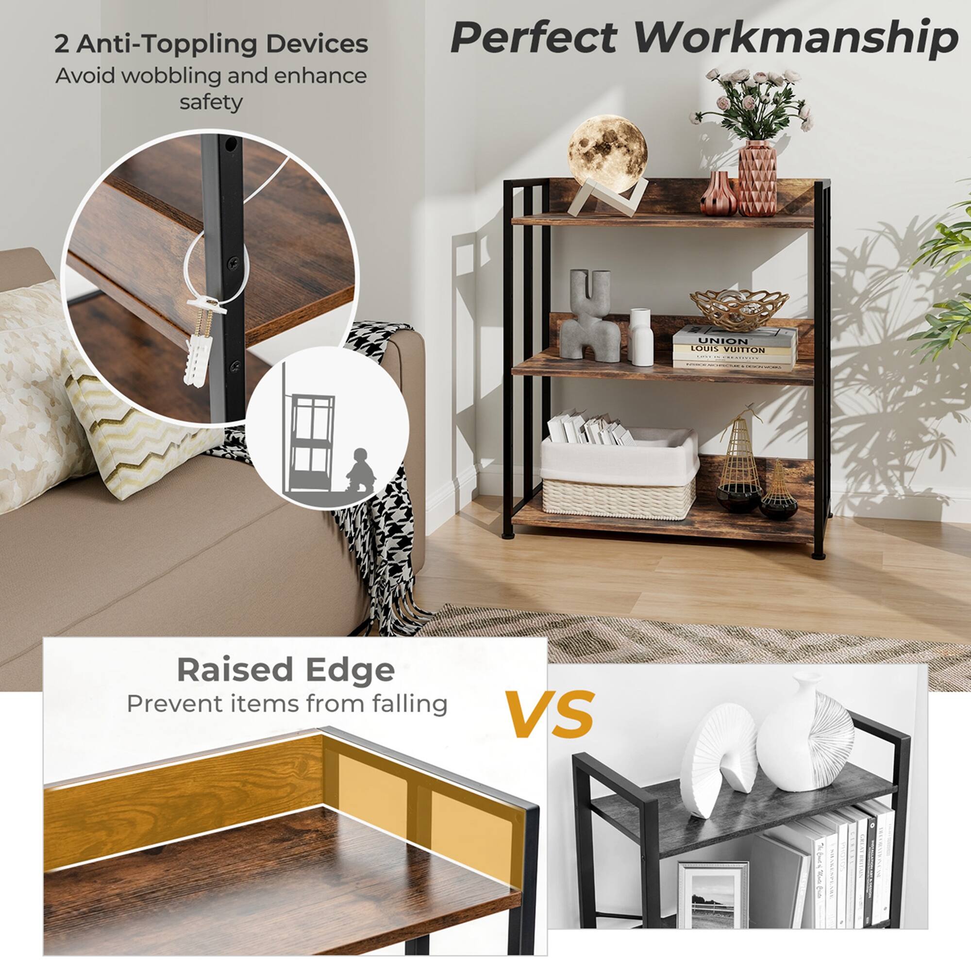 The text on the image is grouped and corrected as follows:
"2 Anti-Toppling Devices Perfect Workmanship Avoid wobbling and enhance safety UNION OURE VUITTON -N - 8...O.. Raised Edge Prevent items from falling VS."