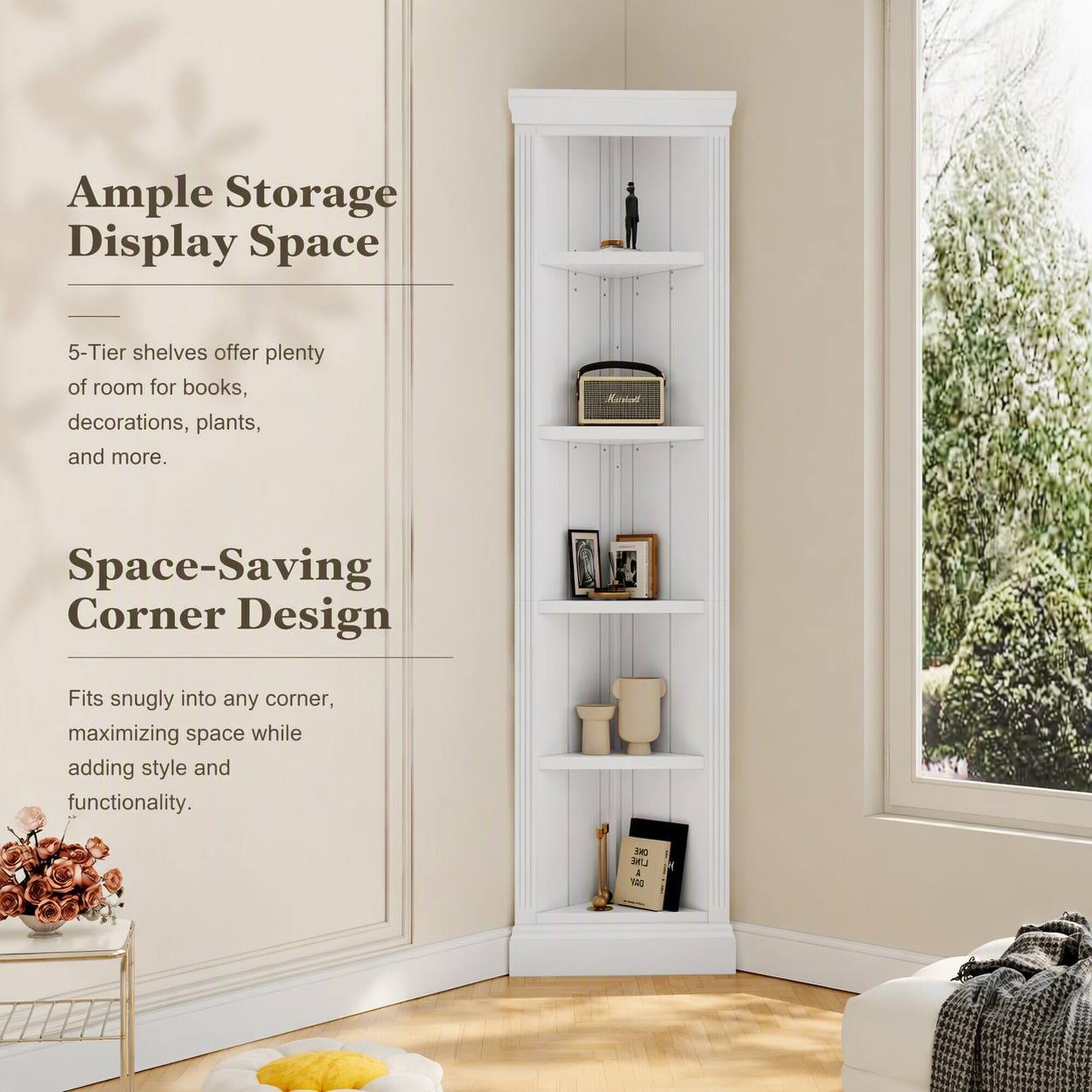 Ample Storage Display Space  
5-Tier shelves offer plenty of room for books, decorations, plants, and more.  
Space-Saving Corner Design  
Fits snugly into any corner, maximizing space while adding style and functionality.