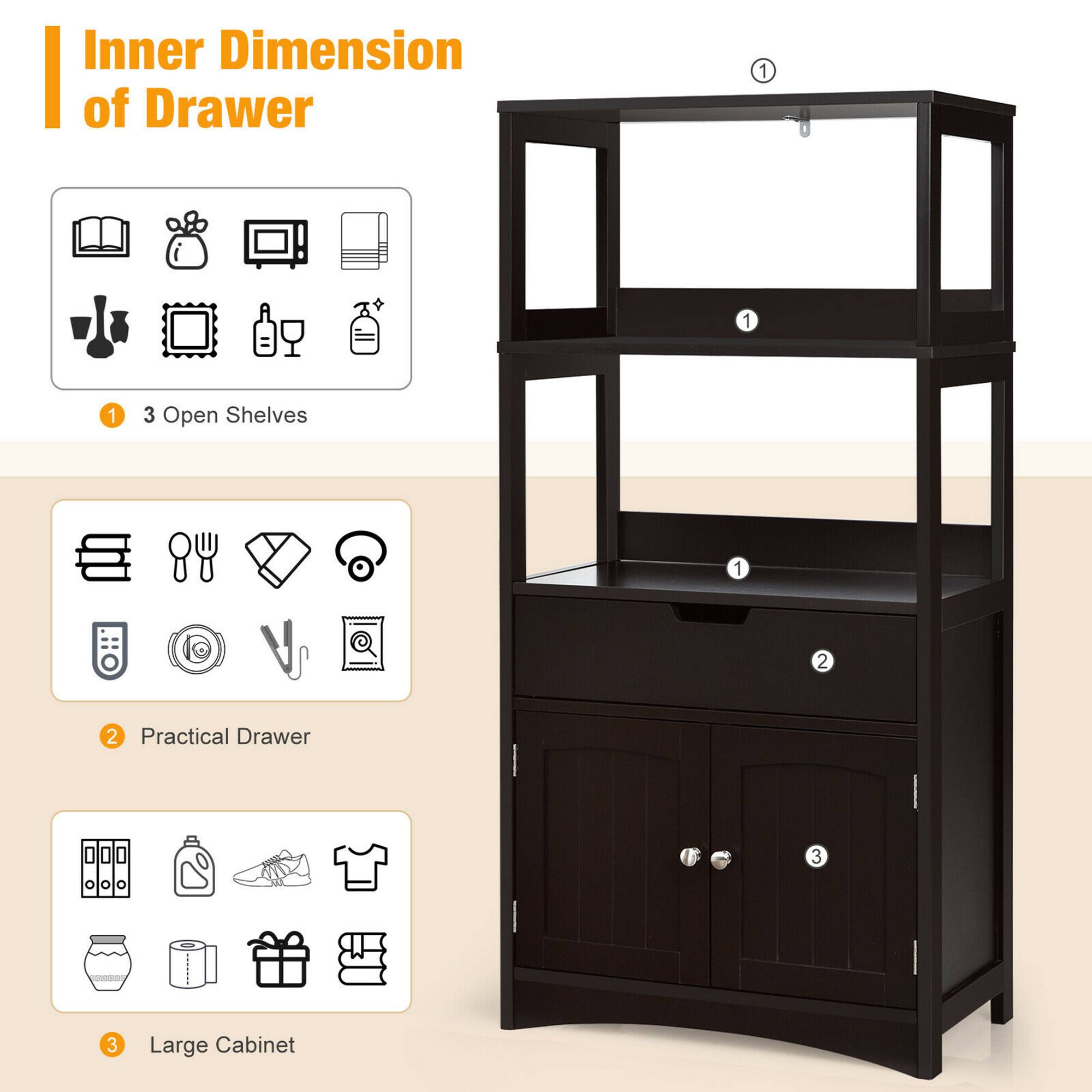 Inner Dimension of Drawer

1. 3 Open Shelves
2. Practical Drawer
3. Large Cabinet