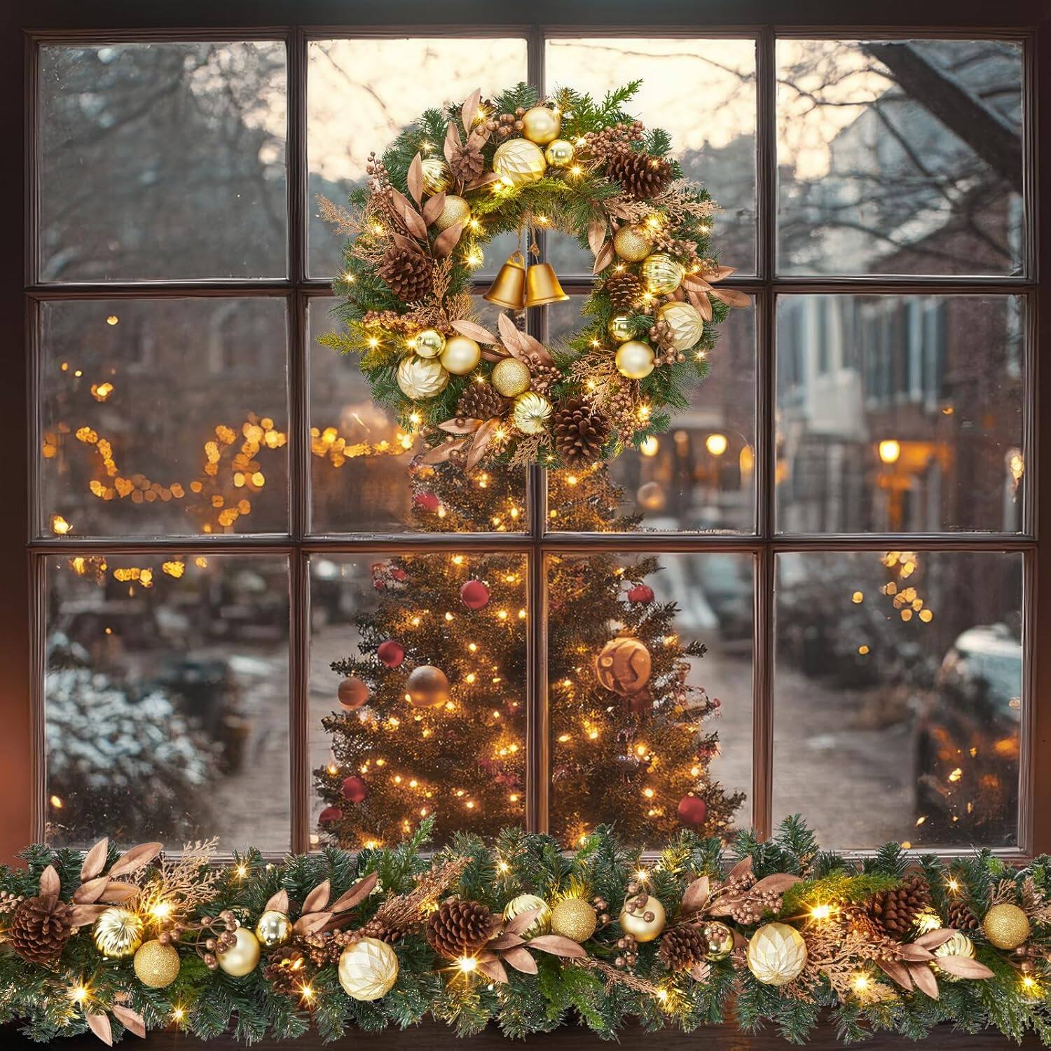 Alt View 5. GARVEE - 24 Inch Artificial Christmas Wreath, Pre-Lit Xmas Wreath with Christmas Balls, Pine Cones & Bells, for Front Door Decor - Green.