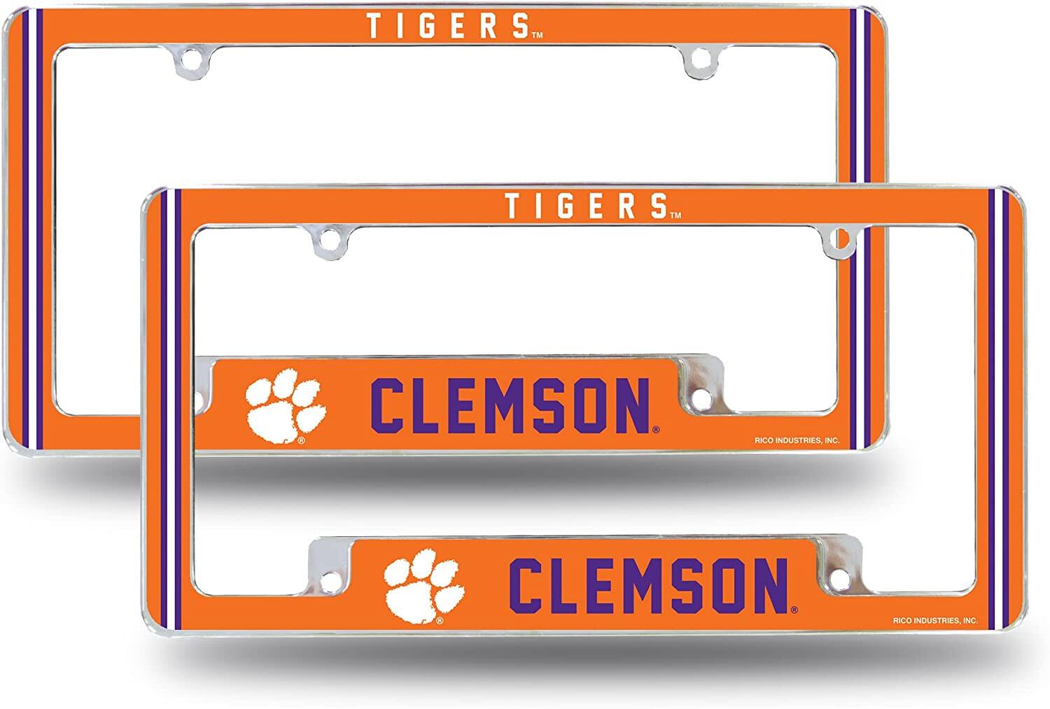 Rico Industries - Clemson NCAA Tigers (Set of 2) Chrome Metal License Plate Frames with Bold Full Frame Design - Multi
