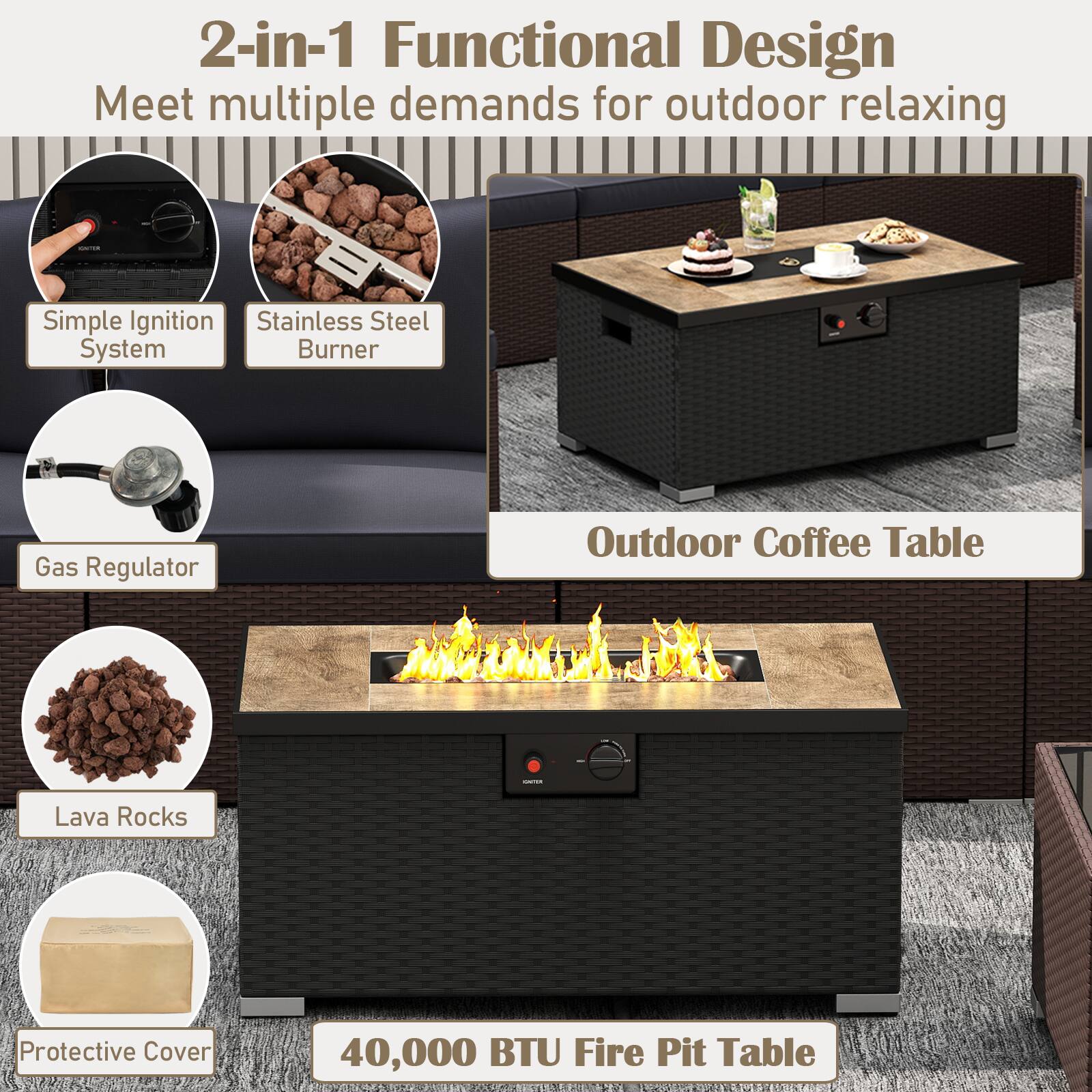 The image features a 2-in-1 functional design that meets multiple demands for outdoor relaxing. The design includes a simple ignition stainless steel system burner, a gas regulator, and an outdoor coffee table. The table also has a protective cover and is designed to hold 40,000 BTU fire pit table.