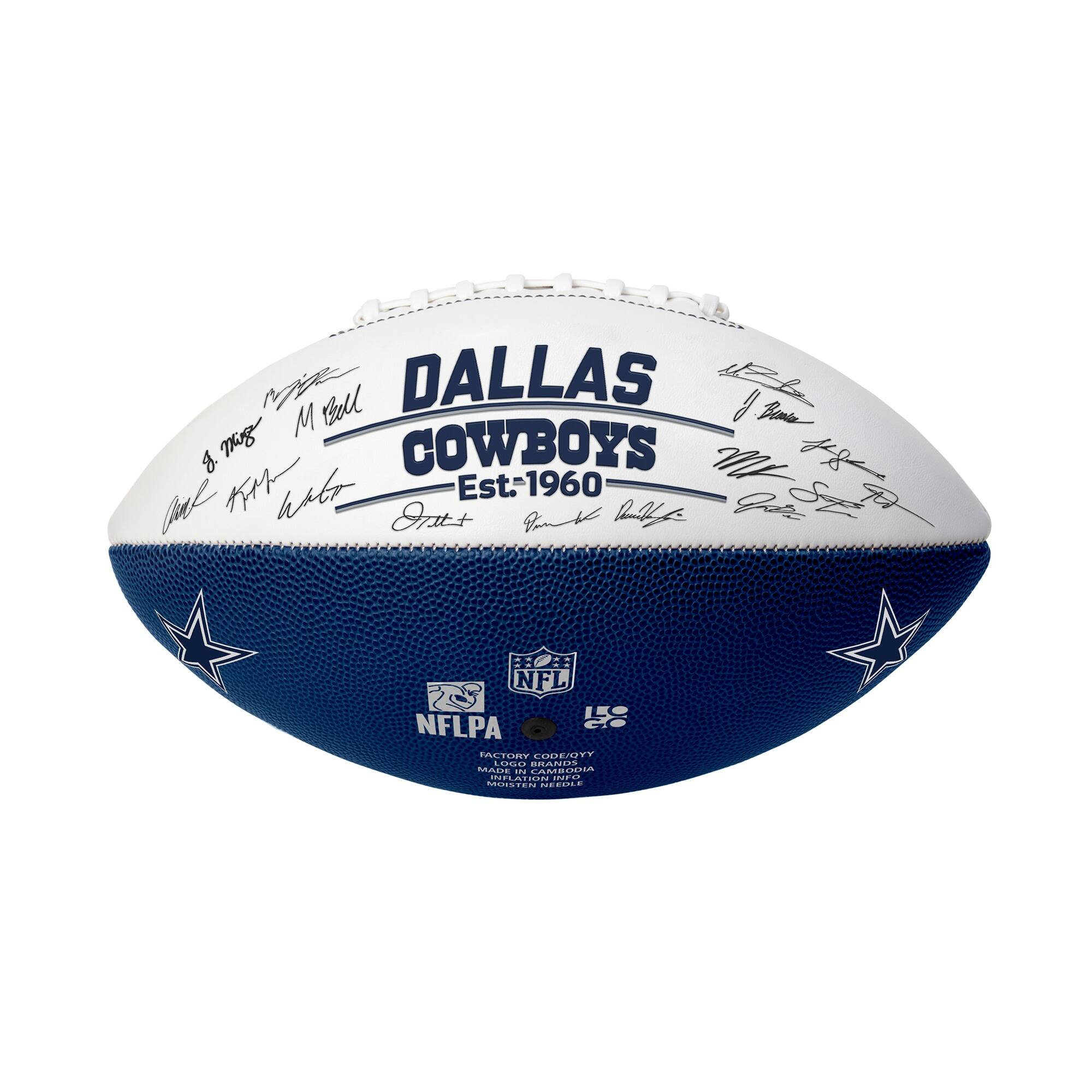 DALLAS COWBOYS  
Est. 1960

M. Bell  
J. Mirg  
C. KKM  
W. Hatt  
G. Smith  
J. Brown  
M. Smith  
G. Smith  
M. Smith

NFL  
NFLPA

FACTORY CODE: OYY  
MADE IN CHINA  
MADE IN VIETNAM  
MADE IN INDONESIA  
MADE IN THAILAND

GRANDE  
LAMBOO  
INPLAT