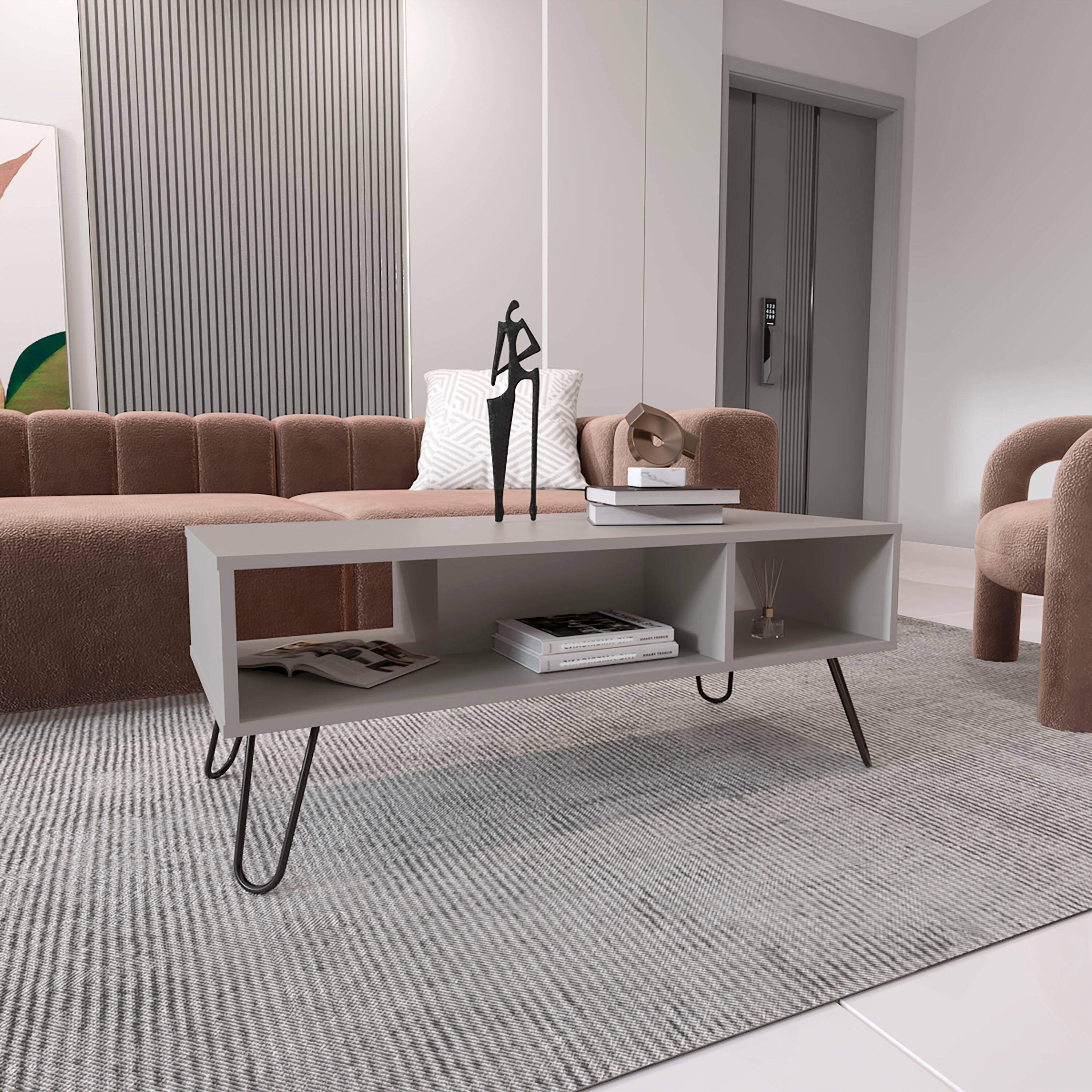 Angle. TuHome - Vassel Coffee Table, Hairpin Legs, Two Shelves - White.