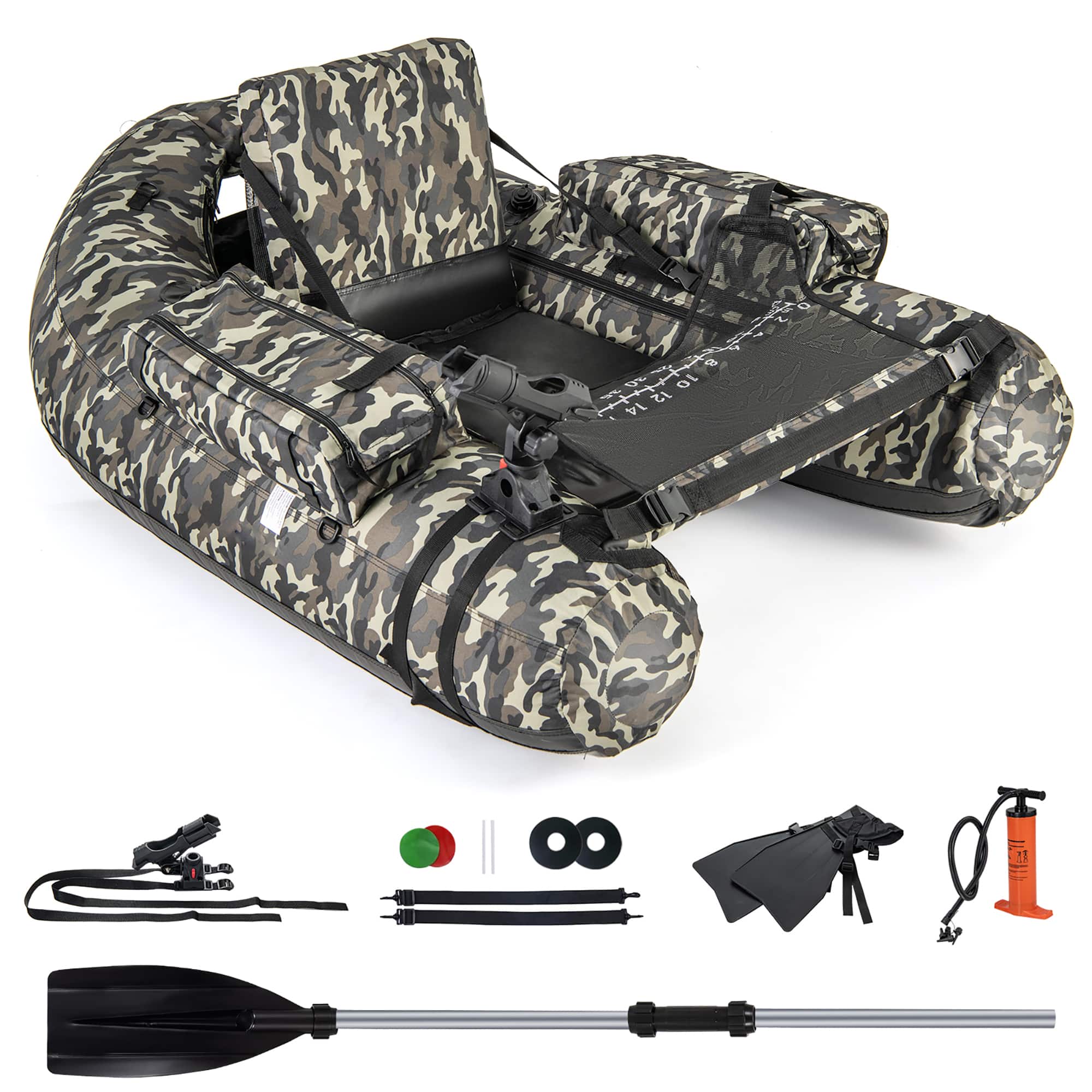 Gymax - Inflatable Float Tube w/ Fish Ruler Rod Holder Storage Pockets Flippers Paddle - Camouflage