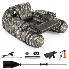 Gymax - Inflatable Float Tube w/ Fish Ruler Rod Holder Storage Pockets Flippers Paddle - Camouflage