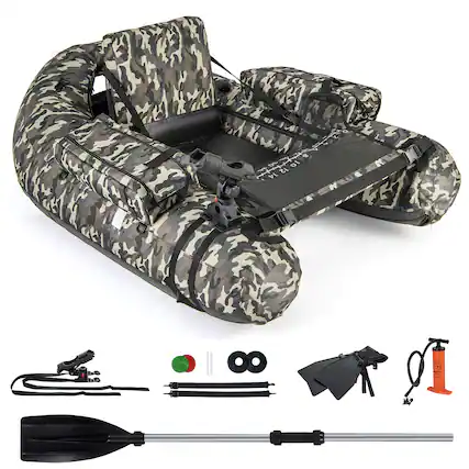 Front. Gymax - Gymax Inflatable Float Tube w/ Fish Ruler Rod Holder Storage Pockets Flippers Paddle - Camouflage.
