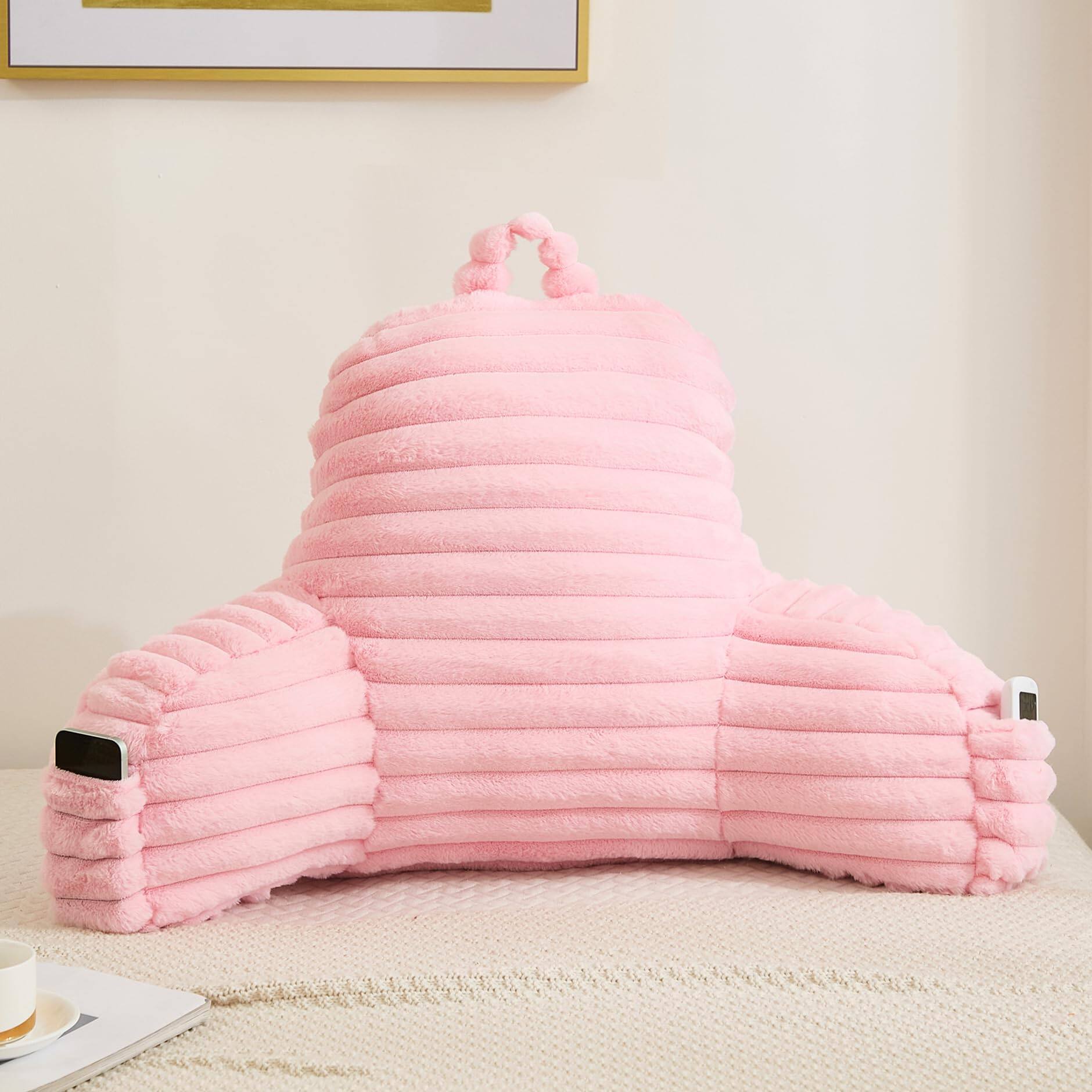 Back. MAGICAL RUBS - Faux Fluffy Pink Reading Pillow With Pockets Luxury Striped Plush Decorative Arm Rests And Support For Bed Rest Loung... - Hot Pink X-Large.