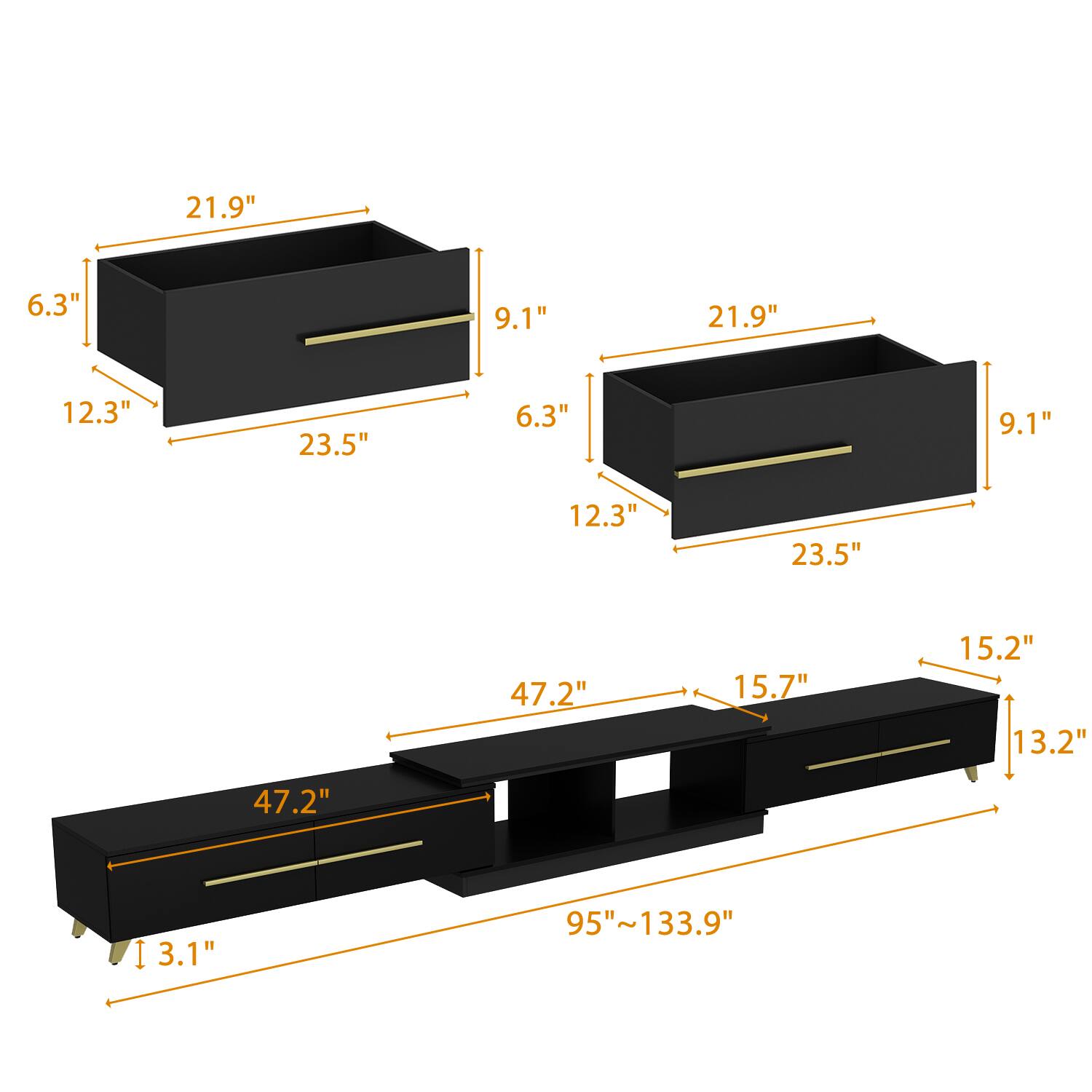 21.9" 6.3" 9.1" 21.9" 12.3" 23.5" 6.3" 9.1" 12.3" 23.5" 47.2" 15.7" 15.2" 13.2" 47.2" 3.1" 95"~133.9"
