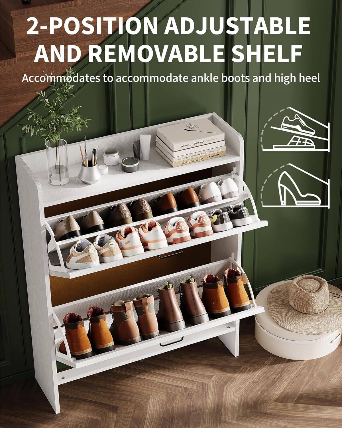 2-POSITION ADJUSTABLE AND REMOVABLE SHELF  
Accommodates to accommodate ankle boots and high heel