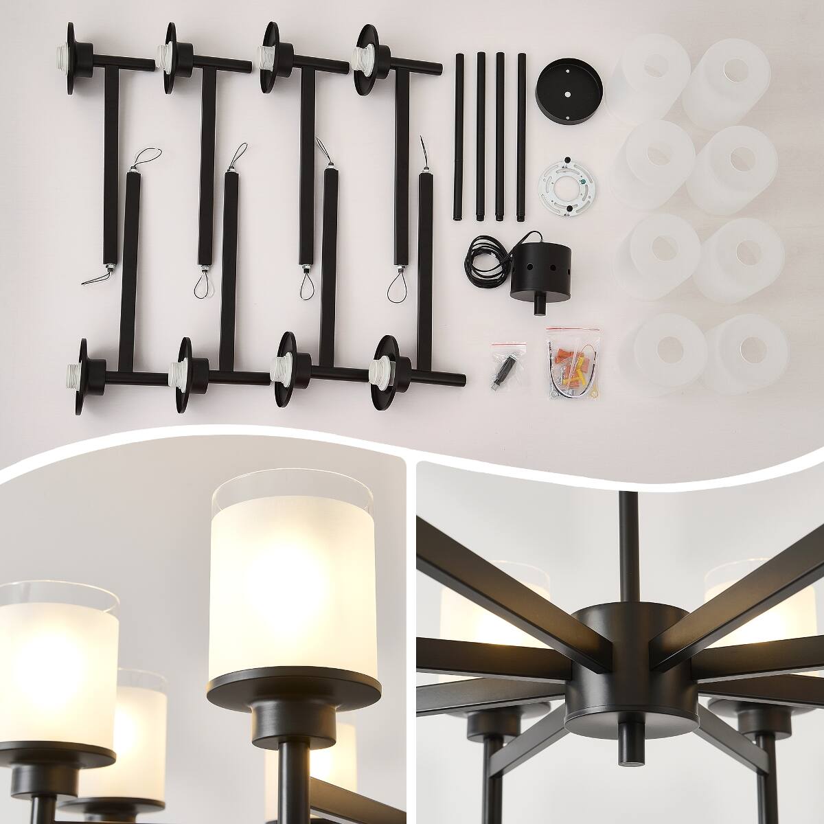 Alt View 9. Loheer - Loheer Eight Light Farmhouse Chandelier Matte Black Metal Frosted Glass for Dining Room.