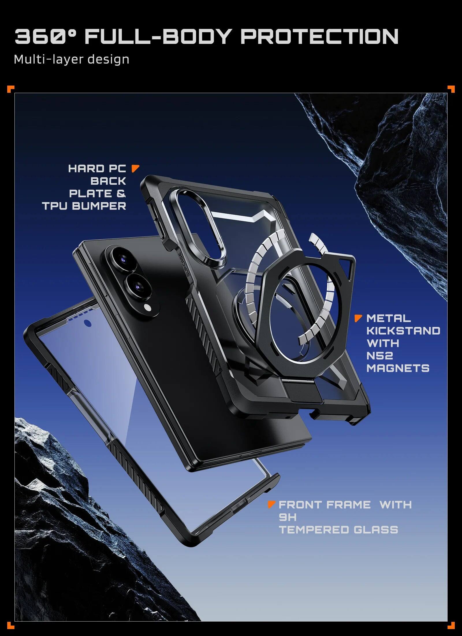 360° FULL-BODY PROTECTION  
Multi-layer design  
HARD PC BACK PLATE & TPU BUMPER  
METAL KICKSTAND WITH N52 MAGNETS  
FRONT FRAME WITH 9H TEMPERED GLASS
