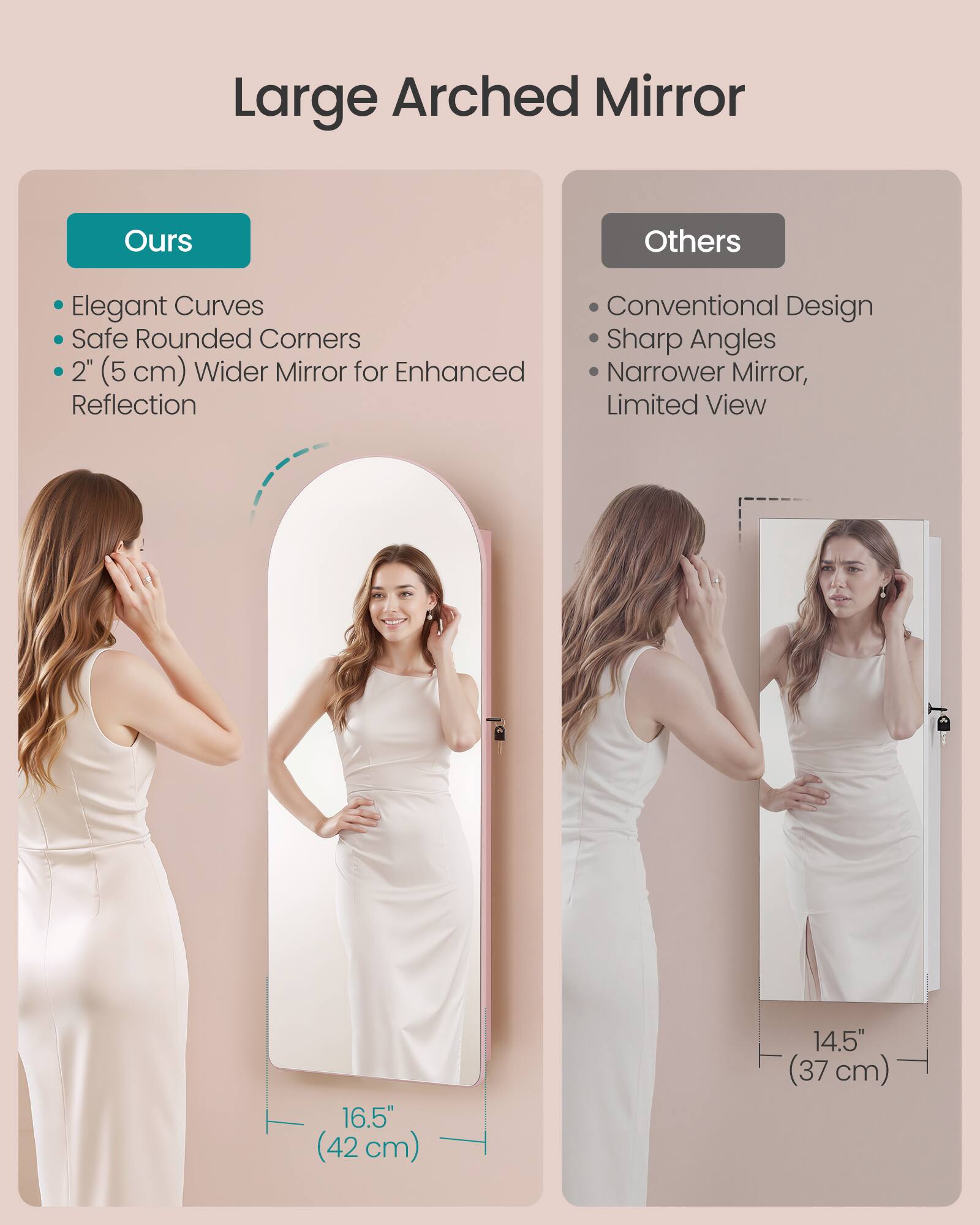 Large Arched Mirror

Ours
- Elegant Curves
- Safe Rounded Corners
- 2" (5 cm) Wider Mirror for Enhanced Reflection

Others
- Conventional Design
- Sharp Angles
- Narrower Mirror, Limited View

16.5" (42 cm)
14.5" (37 cm)