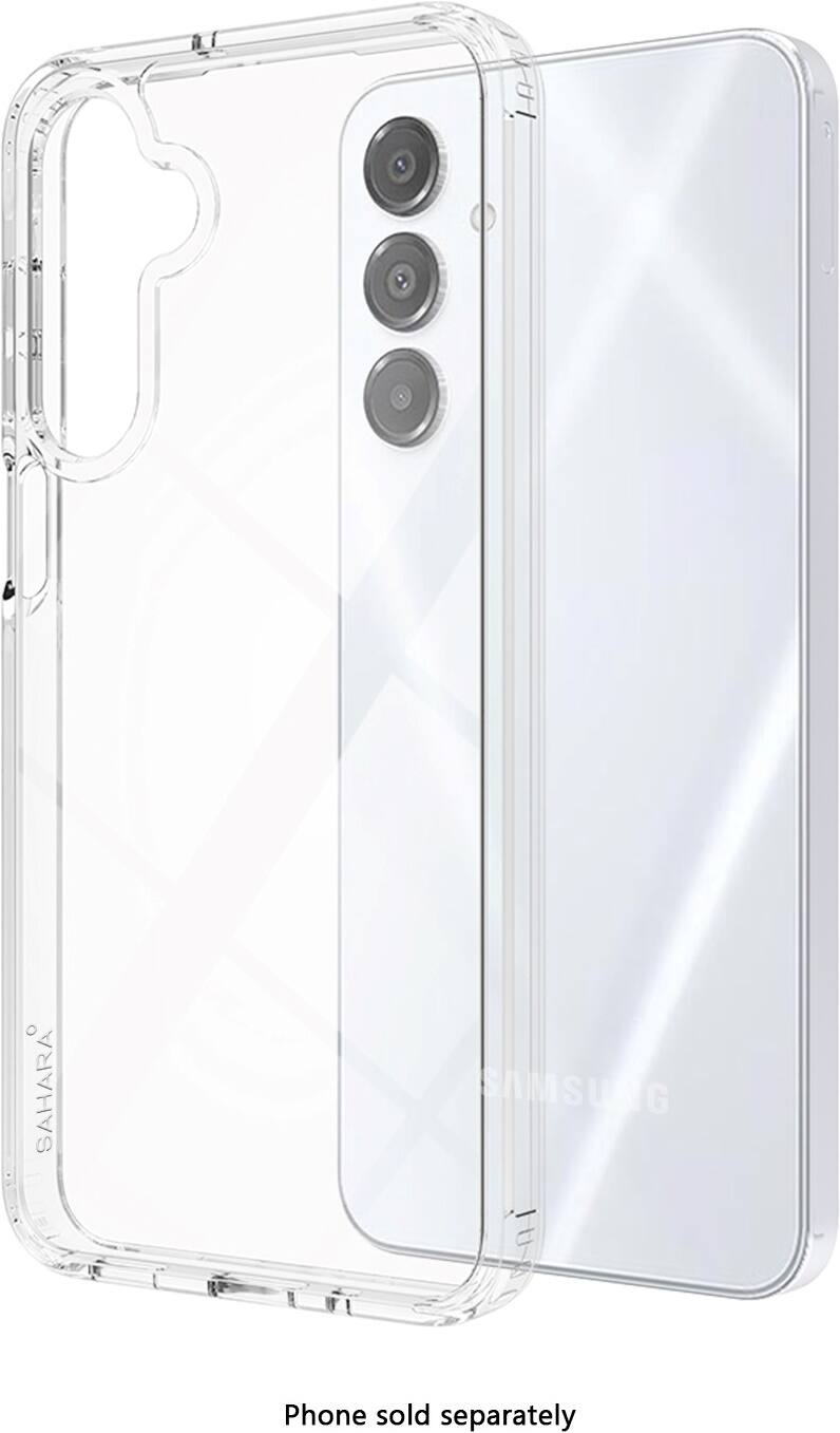 The image features a Samsung phone with a clear case on it. The phone is white, and the case is made of clear plastic. The case is designed to protect the phone from scratches and minor impacts. The phone is sold separately, and the case is available for purchase as an accessory.