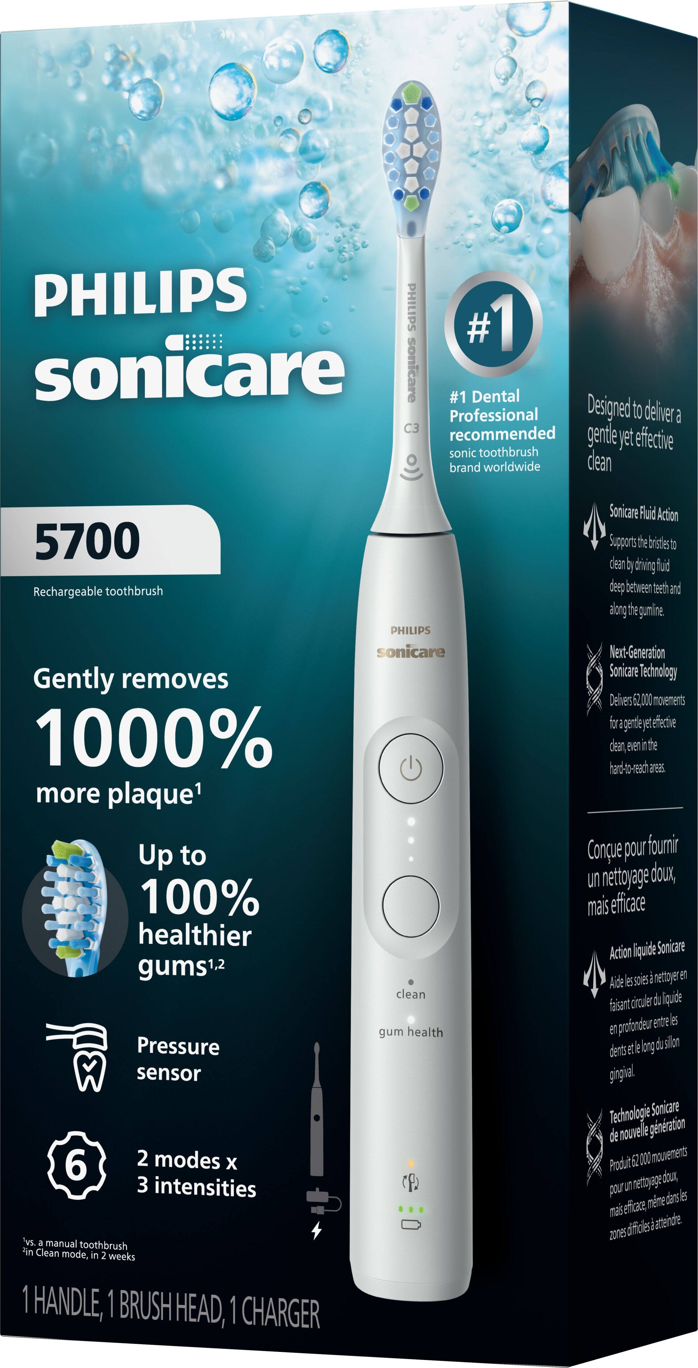 PHILIPS sonicare

#1 Dental Professional recommended sonic toothbrush brand worldwide

5700
Rechargeable toothbrush

Gently removes 1000% more plaque*

Up to 100% healthier gums*^

Pressure sensor

6 2 modes x 3 intensities

1 HANDLE, 1 BRUSH HEAD, 1 CHARGER

PHILIPS sonicare clean gum health

Sonicare Fluid Action
Supports the bristles to clean by driving fluid deep between teeth and along the gumline.

Next-Generation Sonicare Technology
Delivers 62,000 movements for gentle yet effective clean even in hard-to-reach areas.

Conçu pour fournir un nettoyage doux, mais efficace
Action liquide Sonicare
Aide à faire circuler le liquide entre les dents et le long du bord gingival.
Technologie Sonicare de nouvelle génération
Produit nettoyage pour une même efficacité dans les zones difficiles à atteindre.