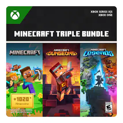 XBOX SERIES XBOX ONE MINECRAFT TRIPLE BUNDLE MINECRAFT DUNGEONS+ LEGENDS MINECRAFT MINECRAFT MINECRAFT EDUNGEONS+ LEGENDS EVERYONE 1 i EORD - E10+ (Everyone 10+)