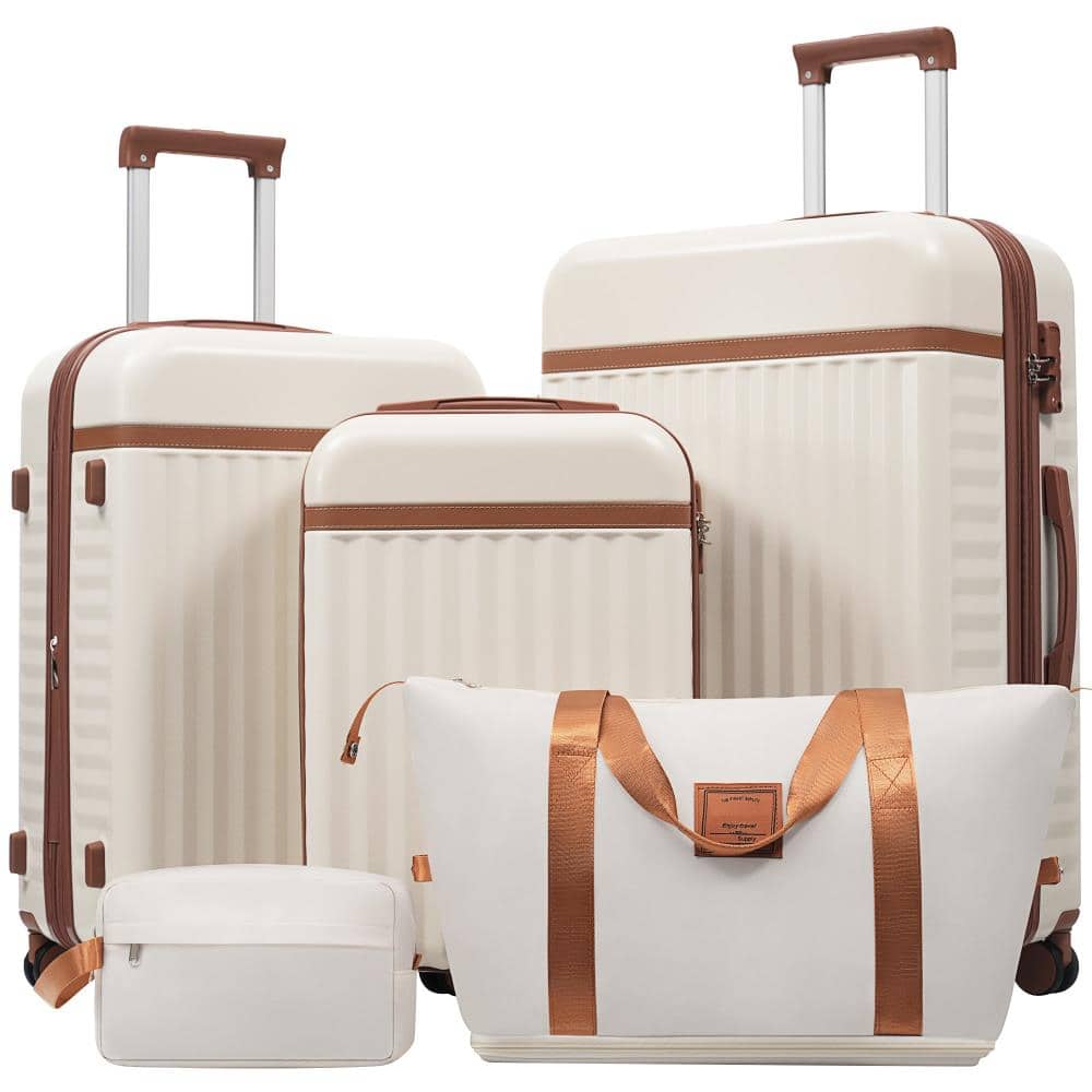 BreeBe - Luggage Set 5 Piece, Hardside Carry on Suitcase , Expandable Luggage with Travel Bags Spinner Wheels TSA Lock - Brown+White