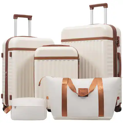 Front. BreeBe - Luggage Set 5 Piece, Hardside Carry on Suitcase , Expandable Luggage with Travel Bags Spinner Wheels TSA Lock - Brown+White.
