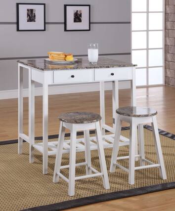 Front. Kings Brand Furniture - Kings Brand Furniture Pub Table Set Dining Table and 2 Stools - White Brown marble.