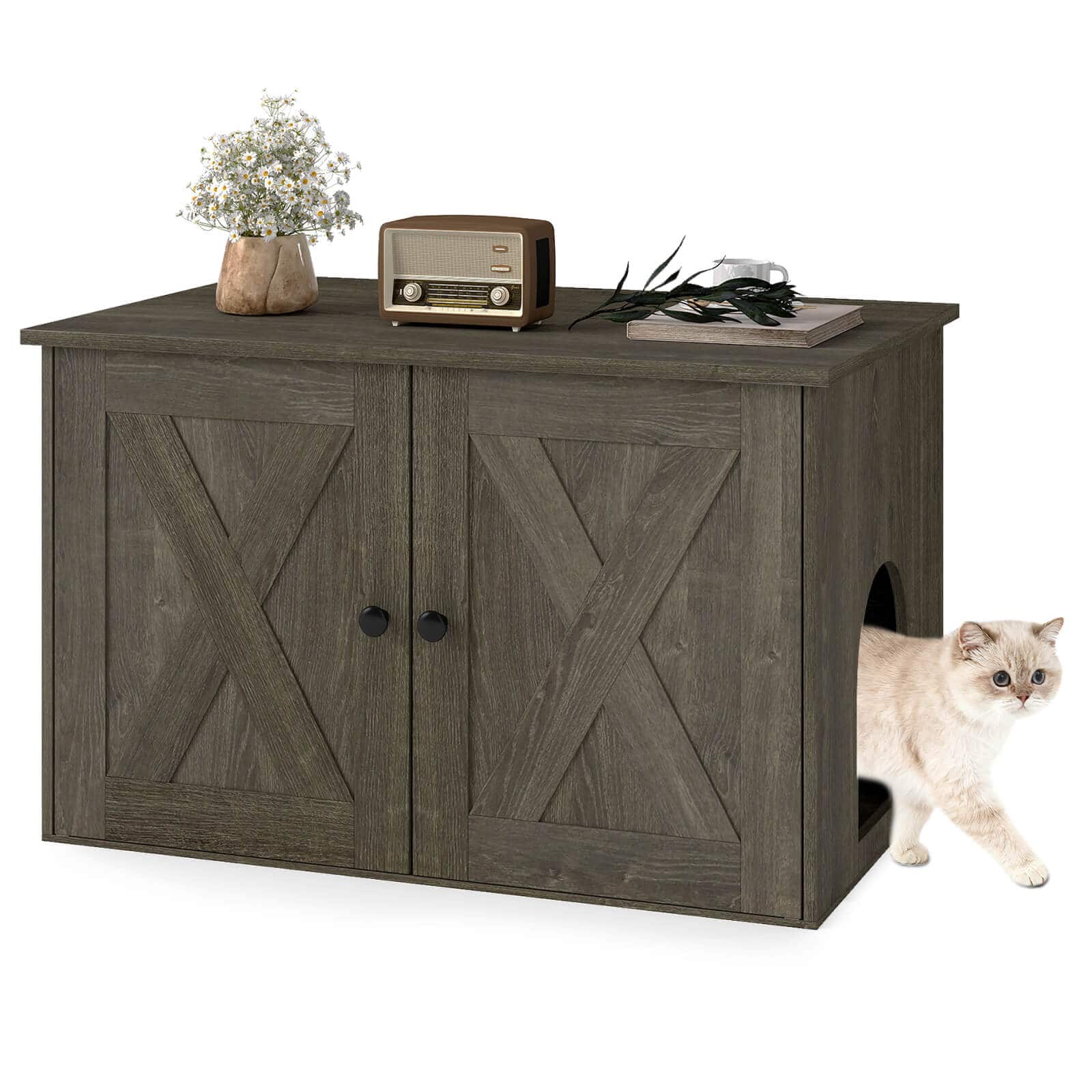 Costway - Hidden Cat Litter Box Enclosure Furniture with Divider for Living Room Hallway - Oak