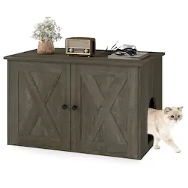 Costway - Hidden Cat Litter Box Enclosure Furniture with Divider for Living Room Hallway - Oak