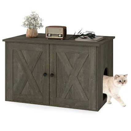 Front. Costway - Costway Hidden Cat Litter Box Enclosure Furniture with Divider for Living Room Hallway - Oak.
