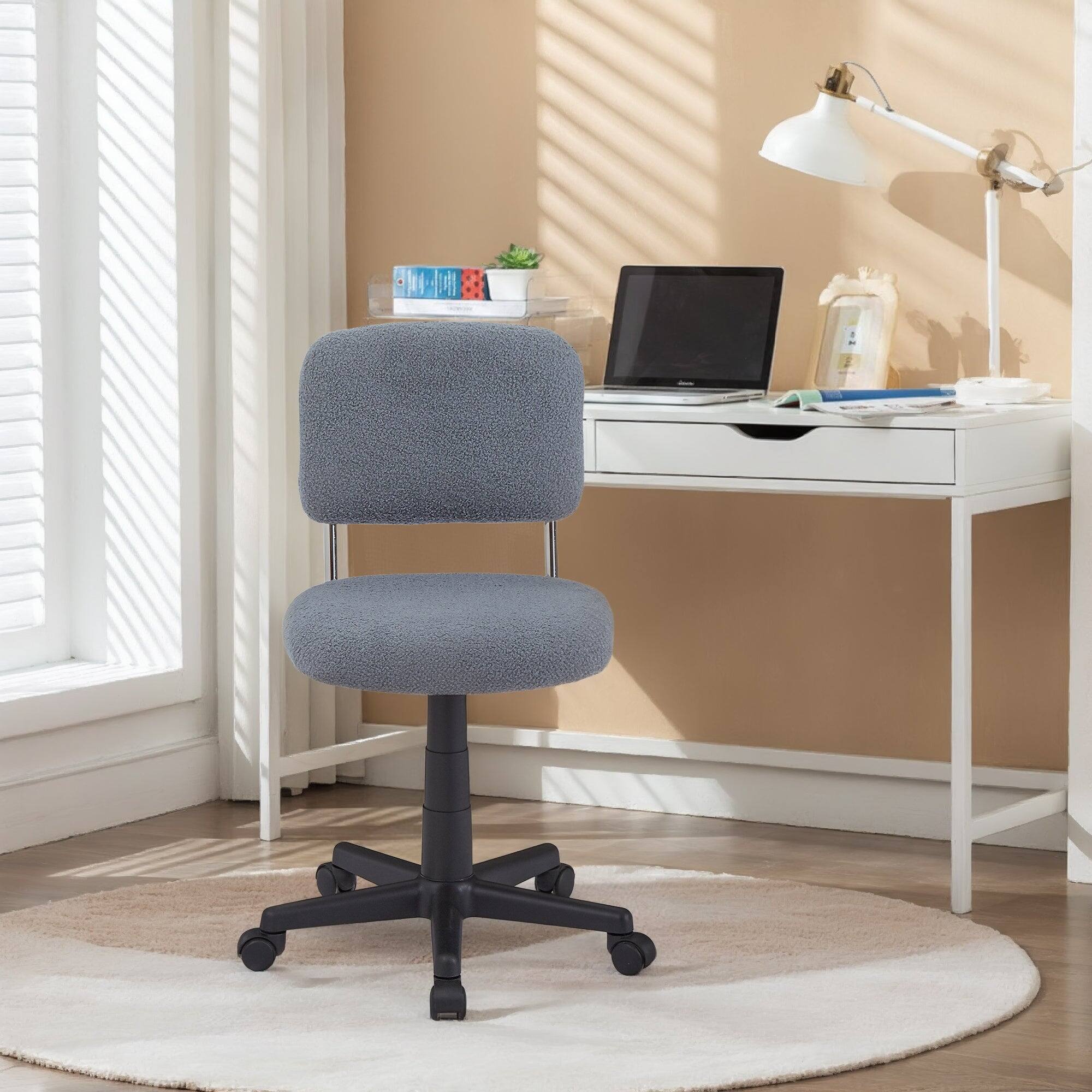 Alt View 1. Vecelo - Faux Fur Desk Chair with Adjustable Height - 360° Swivel Office Chair, Armless Sherpa Vanity Chair with Rolling Casters - Grey.