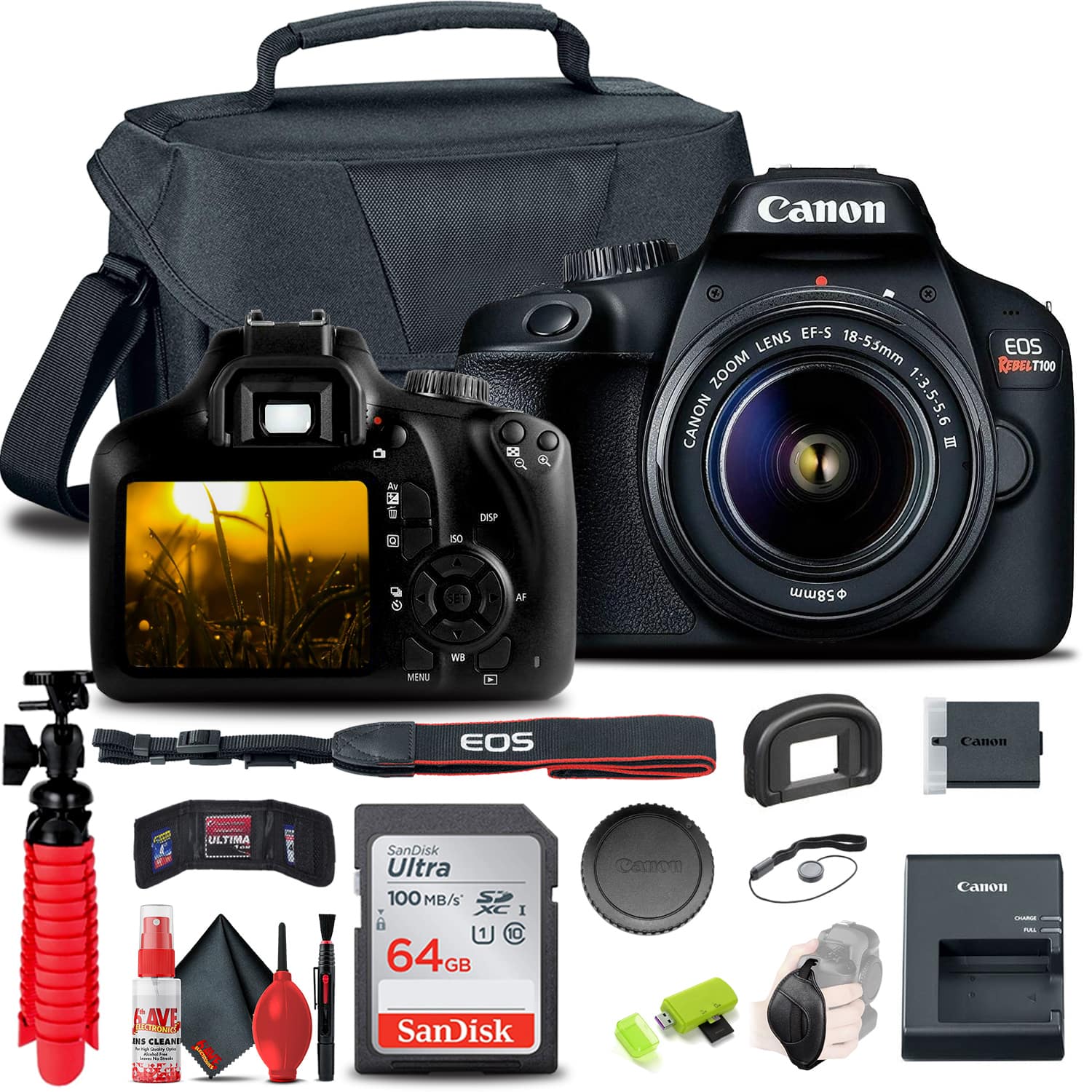 Canon - EOS Rebel T100 / 4000D DSLR Camera w 18-55mm Lens Starter Bundle (International Version)