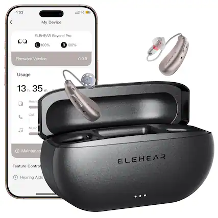 4:03 4G 56 My Device ELEHEAR Beyond Pro L 100% R 100% Firmware Version 0.0.9 Usage 13 h 35 m Hearing Call Music Maintenan Feature Control ELEHEAR Hearing Aids