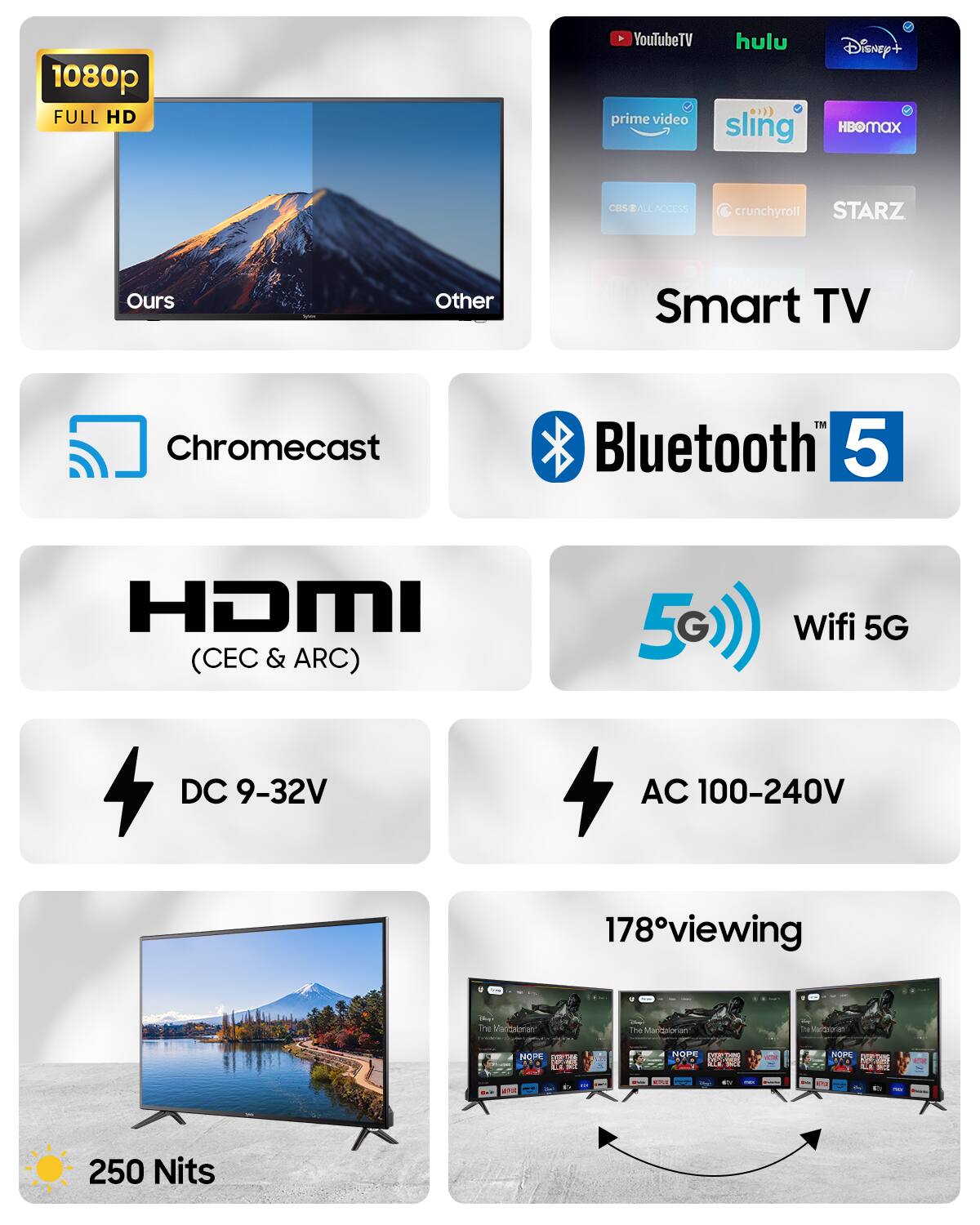 1080p FULL HD

YouTubeTV hulu prime video sling
Disney+ HBOMAX
CBS ALLACCESS
crunchyroll STARZ

Smart TV
Chromecast
Bluetooth 5
HDMI (CEC & ARC)
5G
Wifi 5G
DC 9-32V
AC 100-240V
178° viewing
250 Nits
