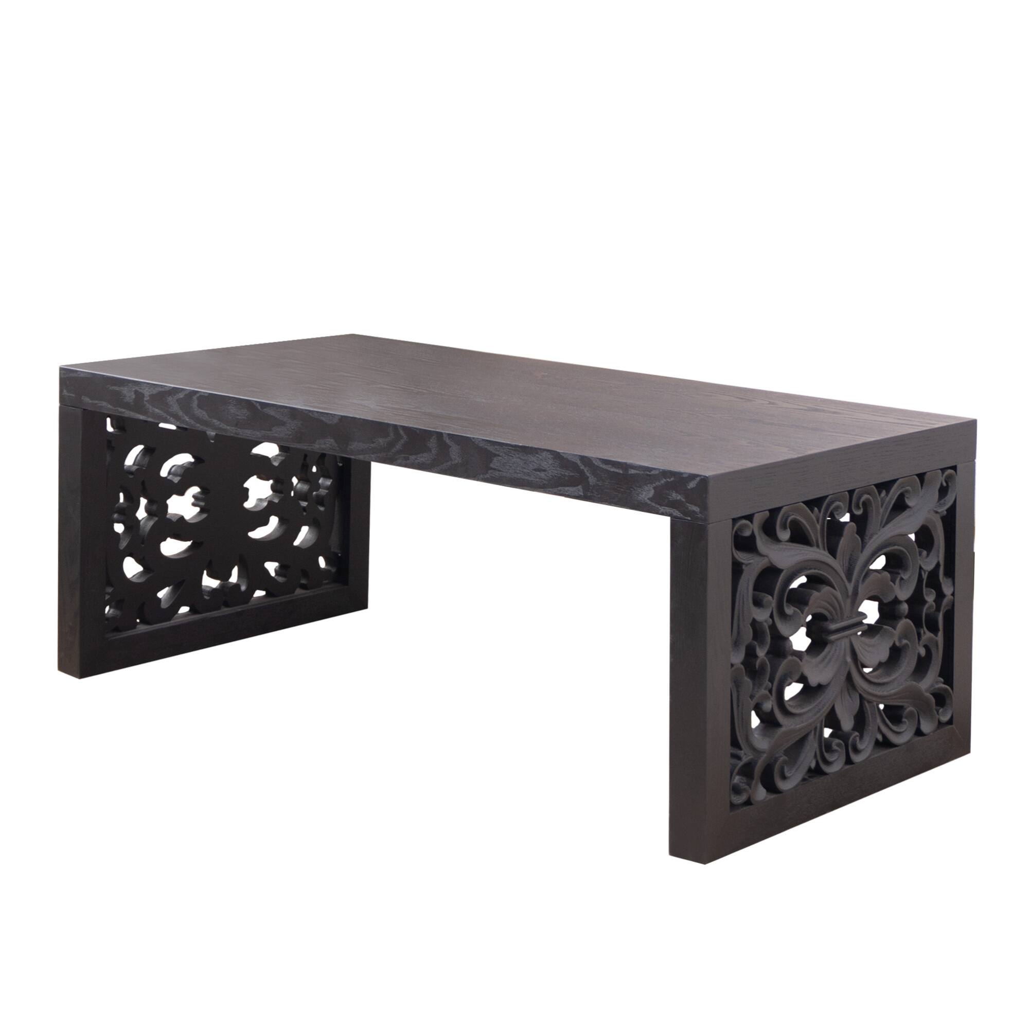 Alt View 1. GOODSILO - Handcrafted Rustic Wood Coffee Table with Ornate Side Panels and Natural Finish - Black.
