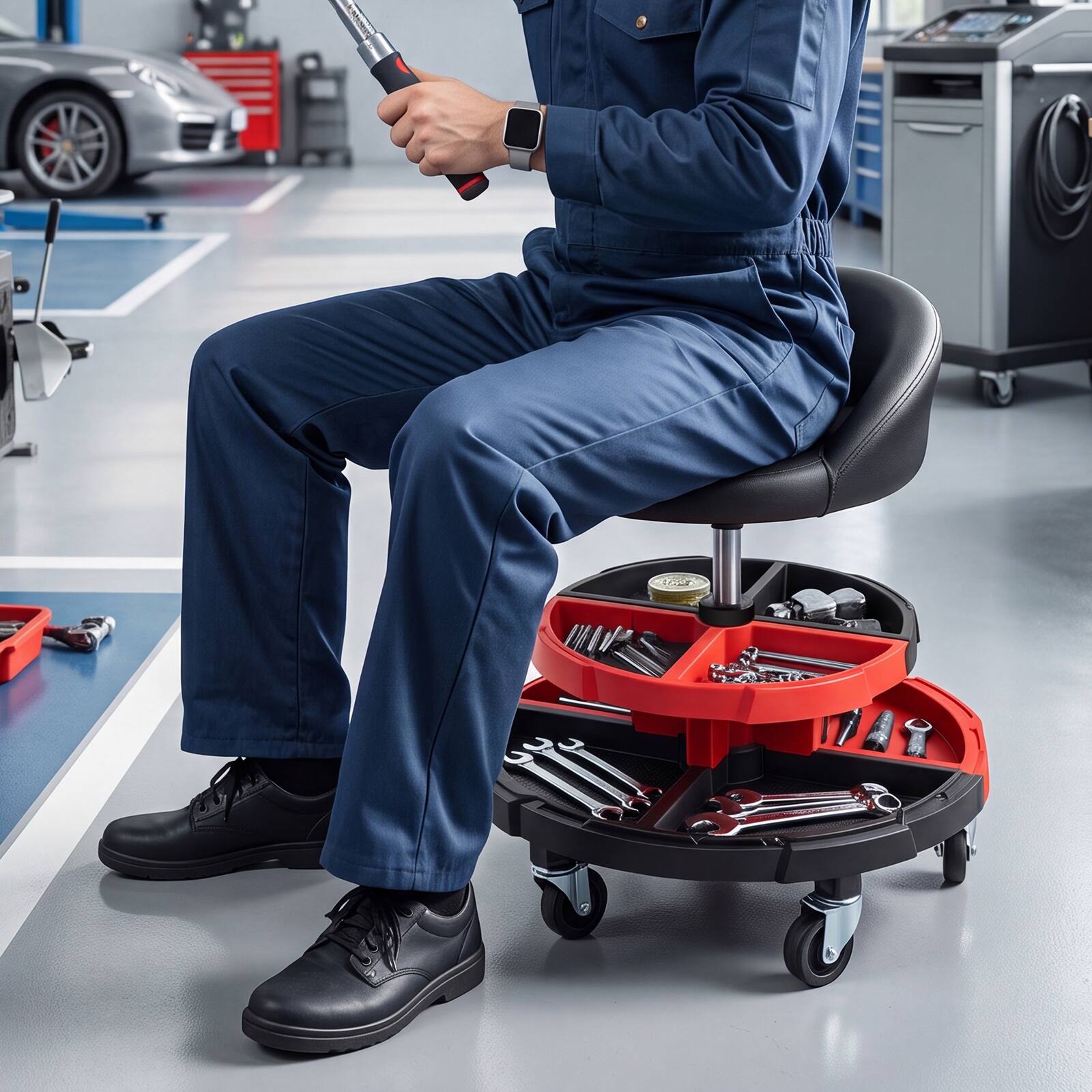 Alt View 3. Costway - Ironmax 360° Rolling Mechanic Stool with 2 Tool Storage Trays, Backrest, Lockable Wheels two-tier - Red 2 Trays.