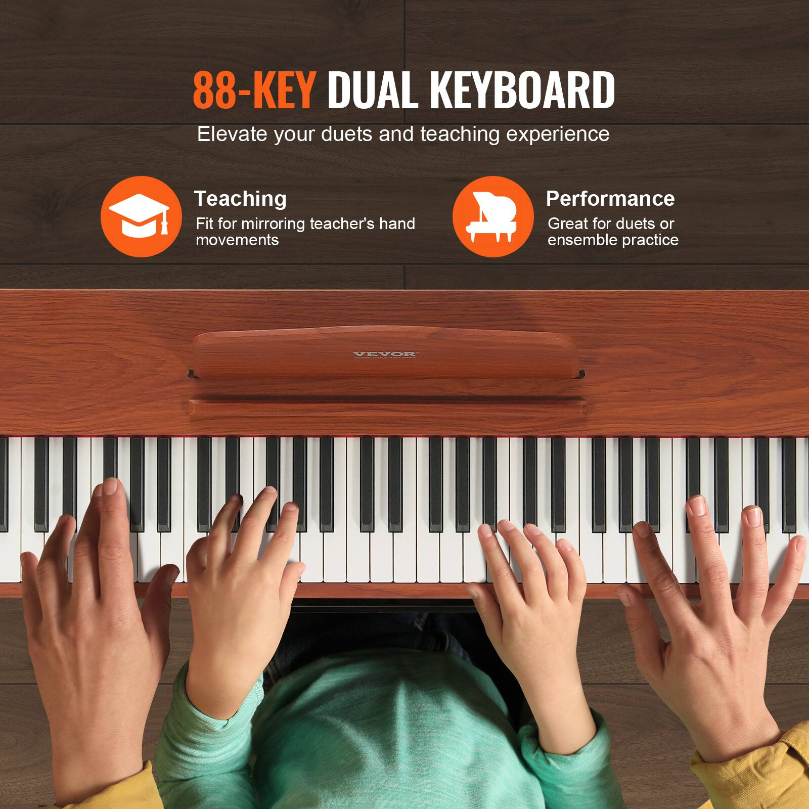 88-KEY DUAL KEYBOARD  
Elevate your duets and teaching experience  

Teaching  
Fit for mirroring teacher's hand movements  

Performance  
Great for duets or ensemble practice  

VEVOR