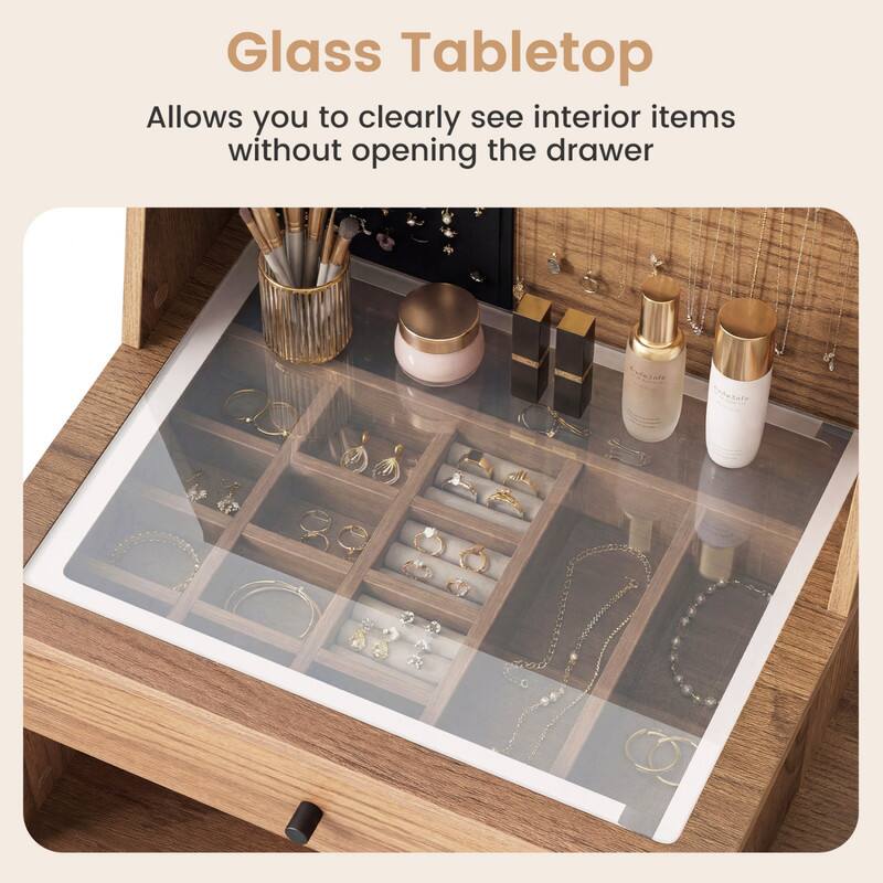 Glass Tabletop  
Allows you to clearly see interior items without opening the drawer