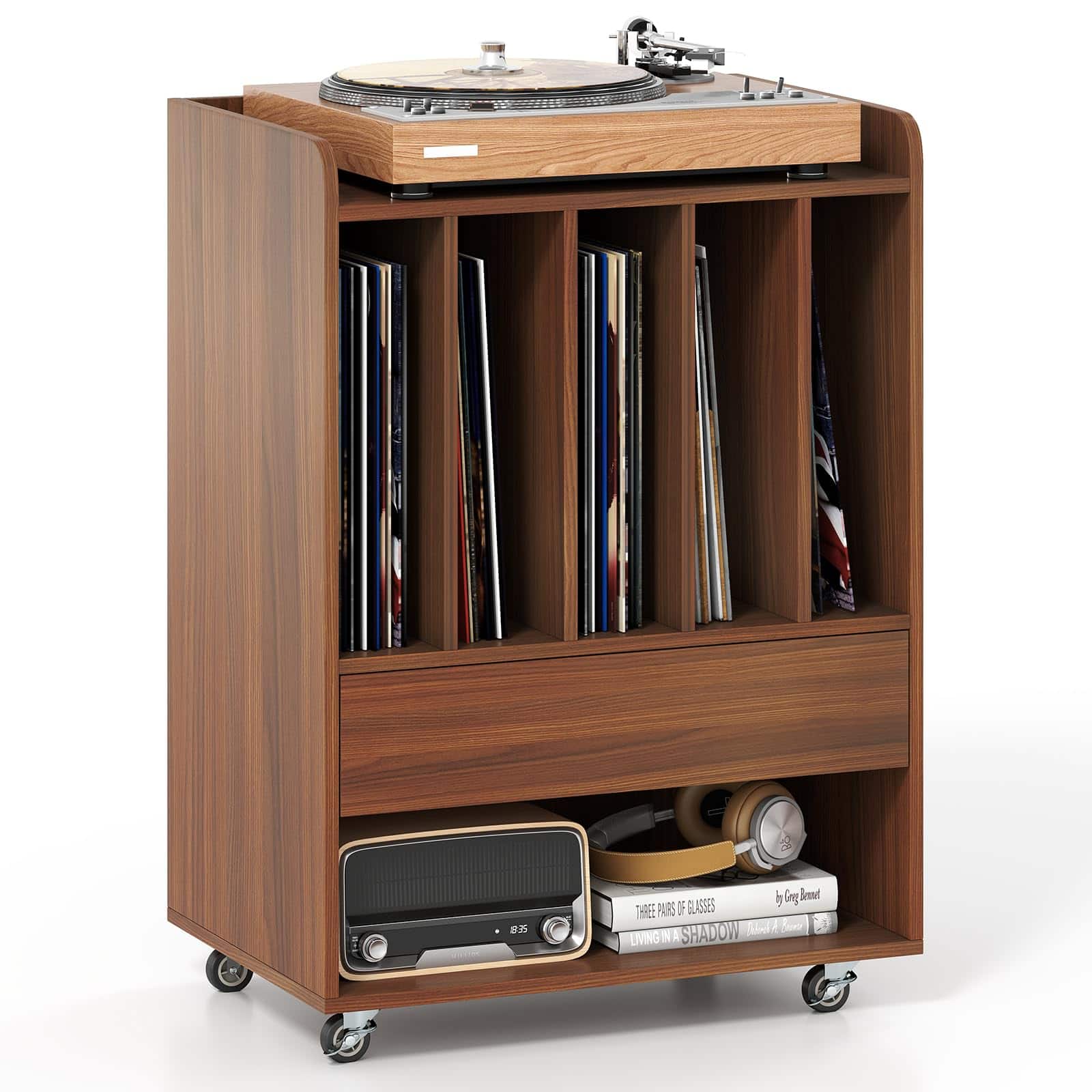 Ecooso - Turntable Stand with Drawer and Vinyl Record Holder, Record Player Storage Cabinet - Walnut