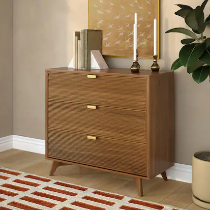 Front. Plank+Beam - Linea Tambour 3 Drawer Dresser with Brass Pull, Pecan - Pecan.
