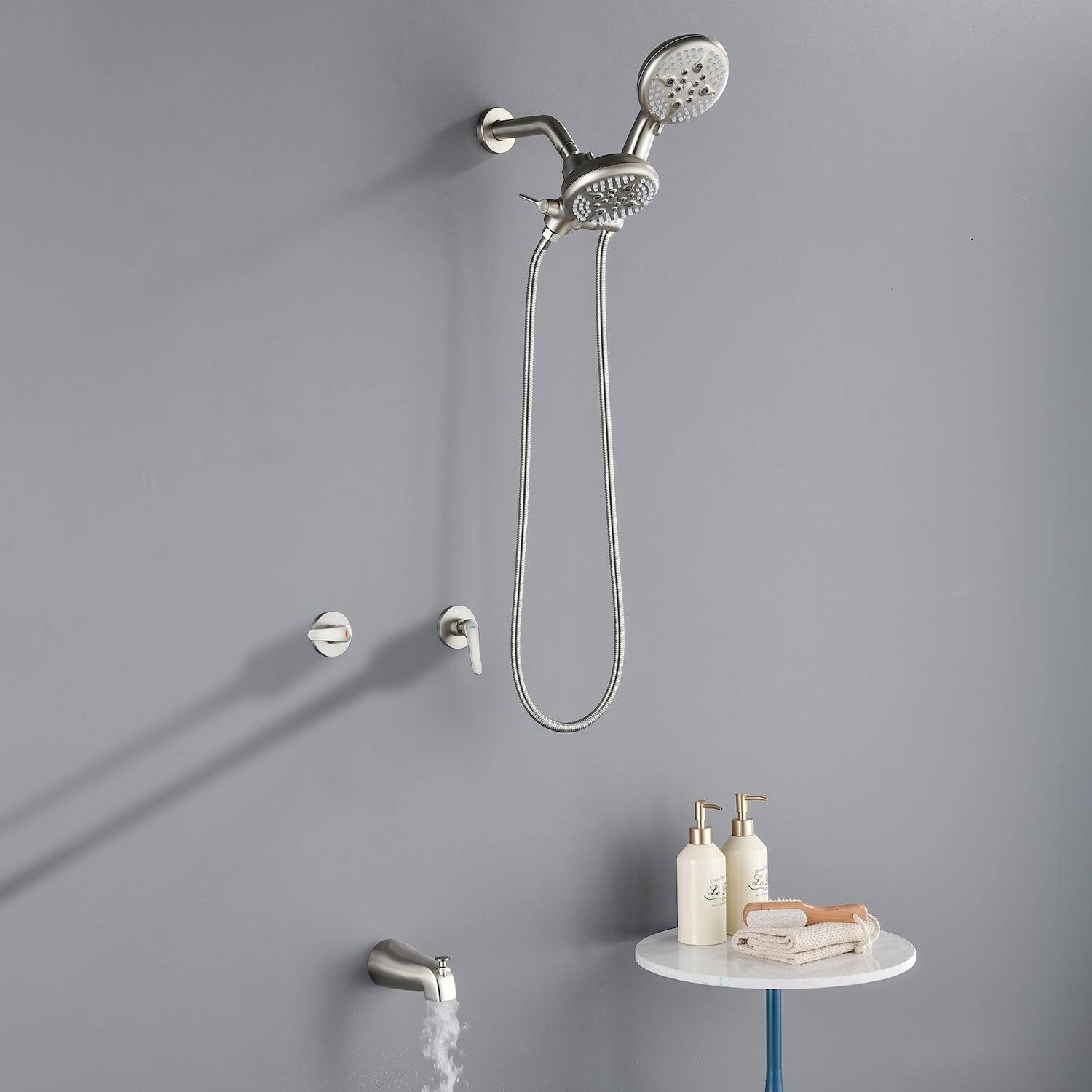 Alt View 4. Boyel Living - Brushed Nickel Shower Set with Dual Handles 5 Function Dual ABS Shower Heads and Tub Spout - Brushed Nickel.