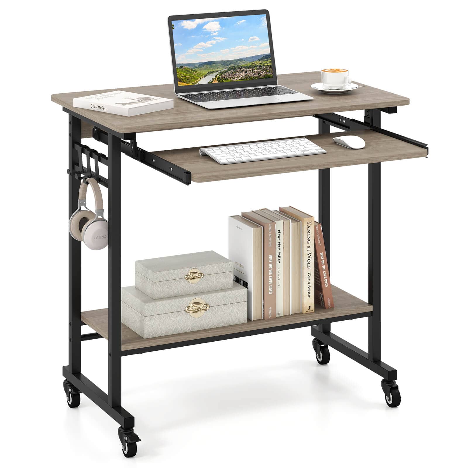 Costway - Mobile Laptop Desk with Keyboard Tray, Lower Shelf, 3 Hooks, 4 Universal Wheels - Gray