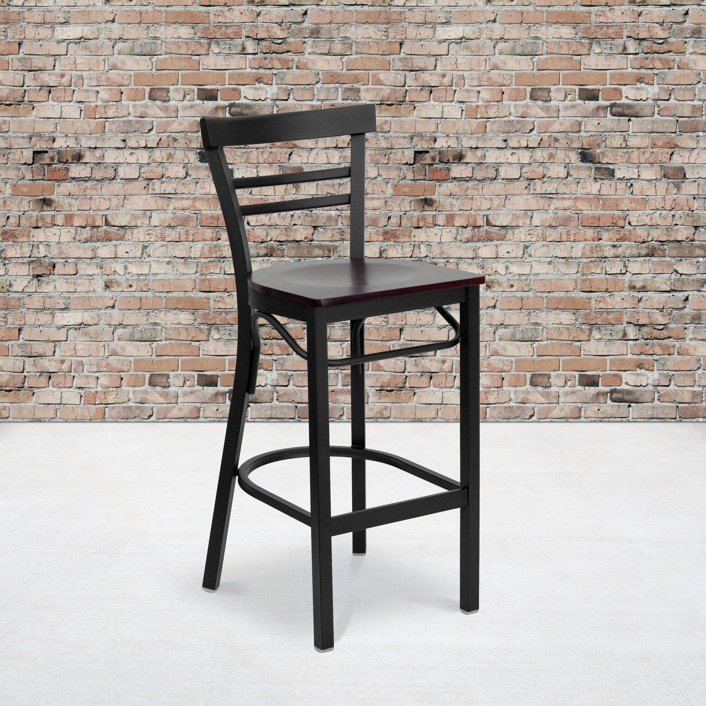 Alt View 1. Emma + Oliver - Two-Slat Ladder Back Metal Restaurant Dining Barstool - Mahogany Wood Seat/Black Metal Frame.