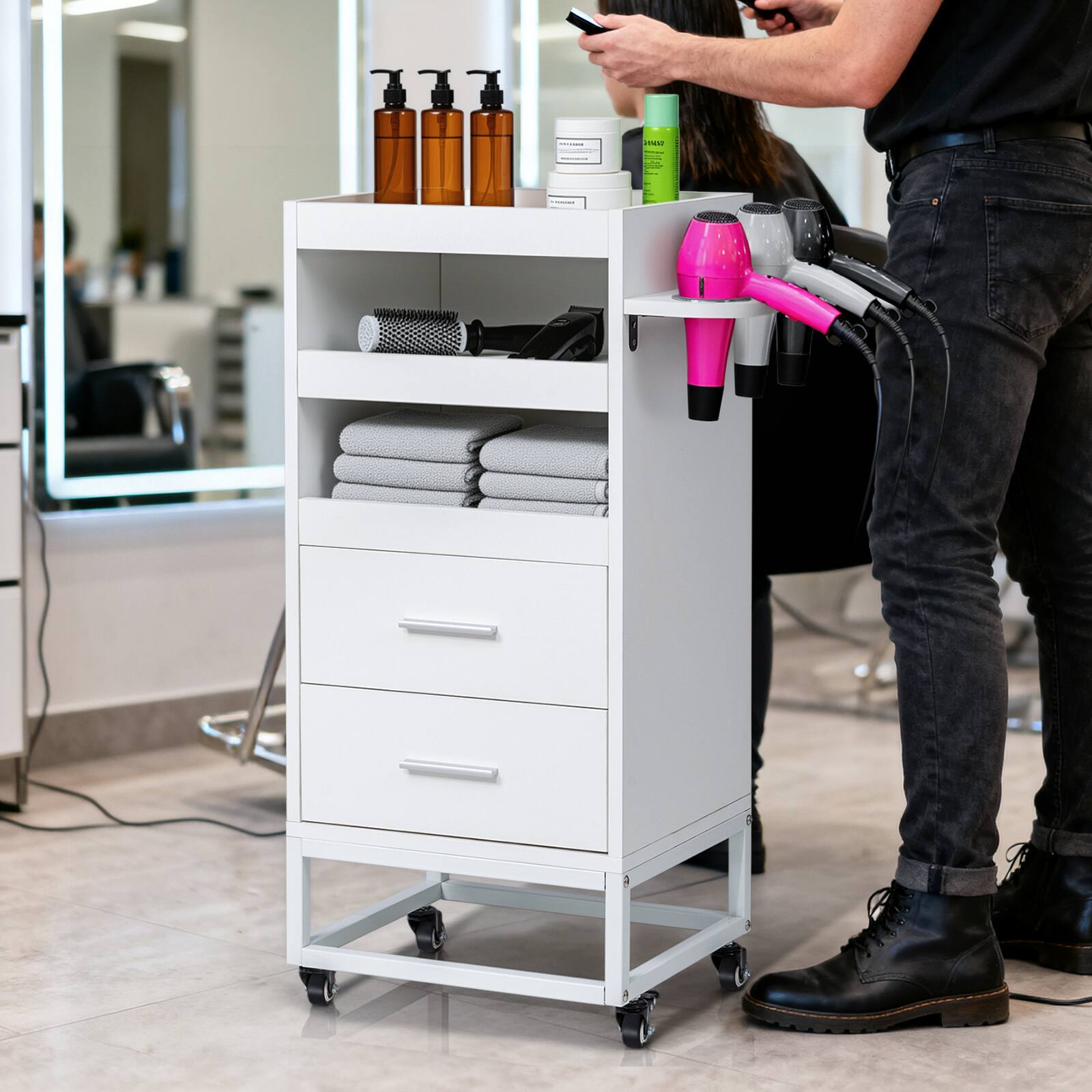 Angle. Winado - Salon Trolley Cart Rolling Hair Cart with Lockable Wheels, Drawers, Ergonomic Handle, Hair Dryer Holder for Barbershop - White.