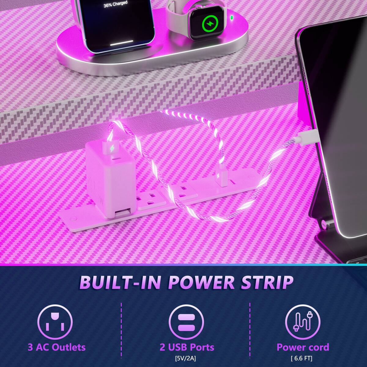 36% Charged  
BUILT-IN POWER STRIP  
3 AC Outlets  
2 USB Ports [5V/2A]  
Power cord [6.6 FT]