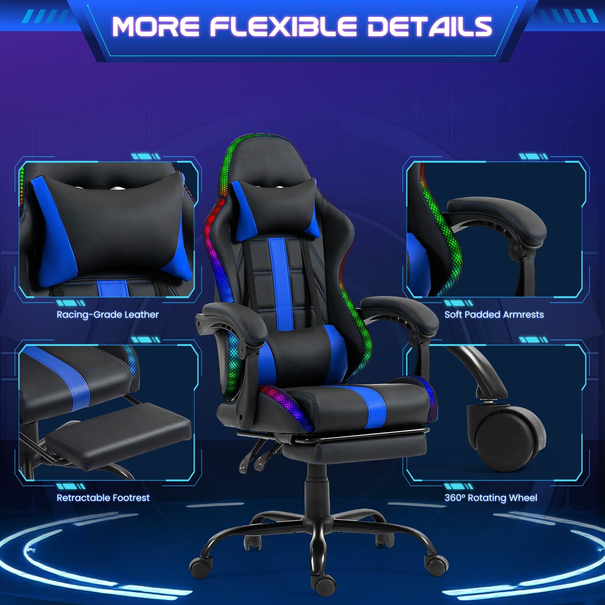 MORE FLEXIBLE DETAILS

- Racing-Grade Leather
- Soft Padded Armrests
- Retractable Footrest
- 360° Rotating Wheel