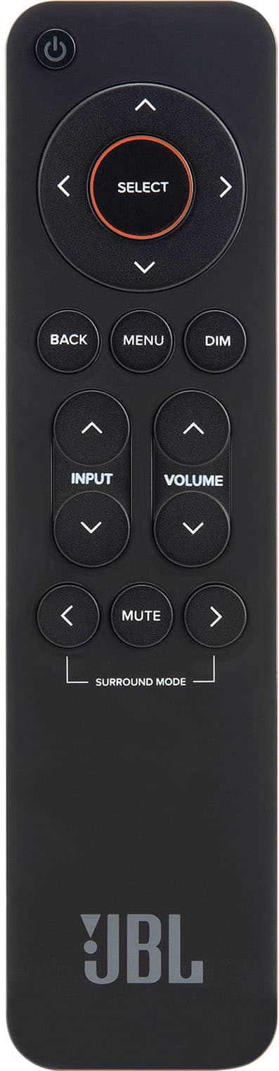 SELECT BACK MENU DIM INPUT VOLUME MUTE SURROUND MODE JBL