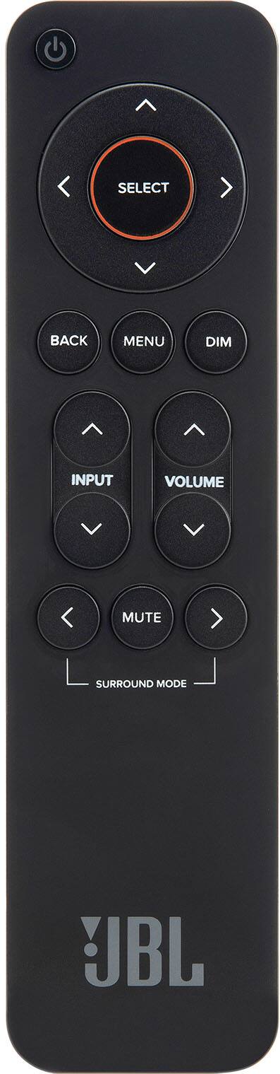 SELECT BACK MENU DIM INPUT VOLUME MUTE SURROUND MODE JBL
