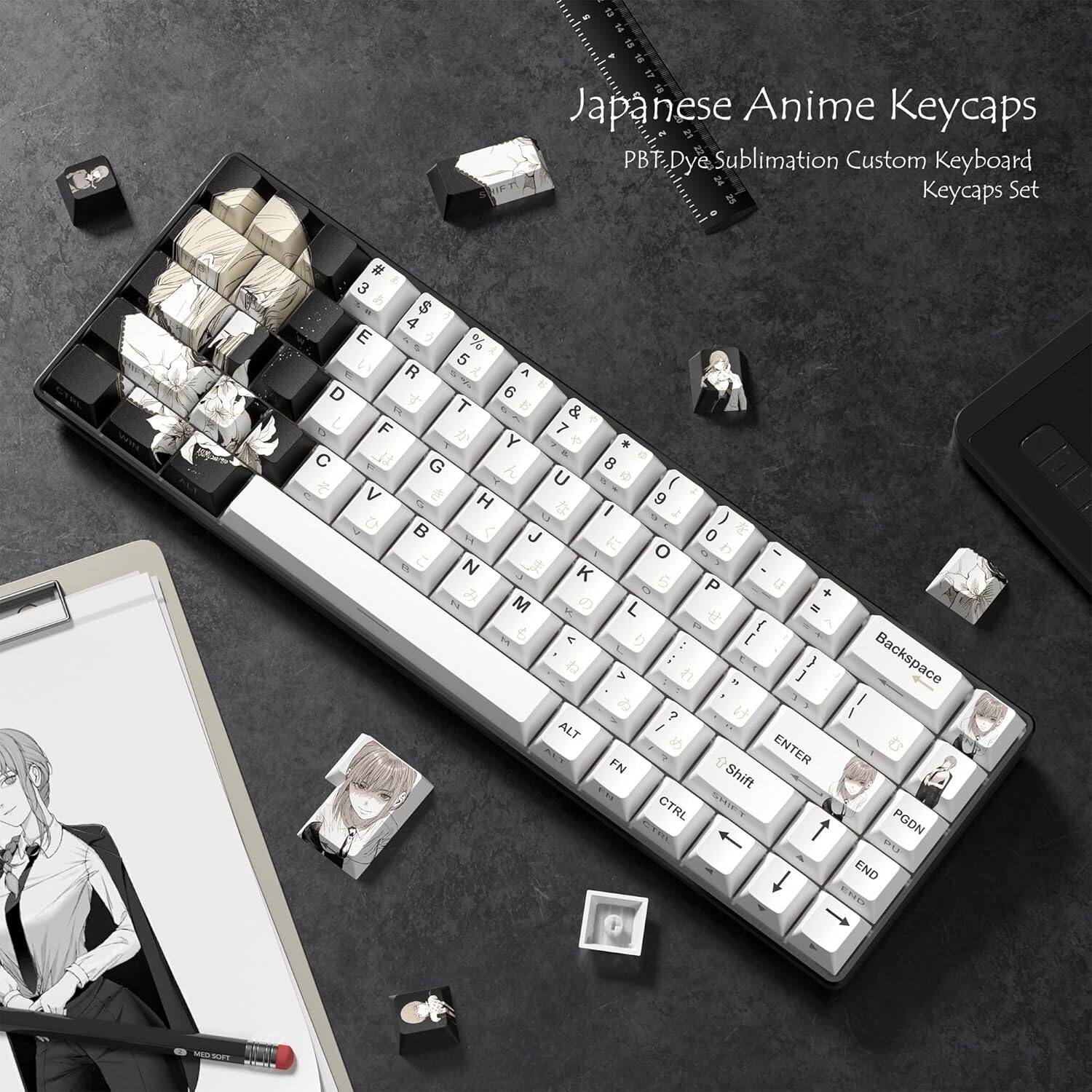 Japanese Anime Keycaps  
PBT Dye Sublimation Custom Keyboard Keycaps Set  

1 Q 2 W 3 E 4 R 5 T 6 Y 7 U 8 I 9 O 0 P  
A S D F G H J K L ; ' Backspace  
Z X C V B N M , . / Enter  
Shift CTRL FN ALT PGDN PGUP END