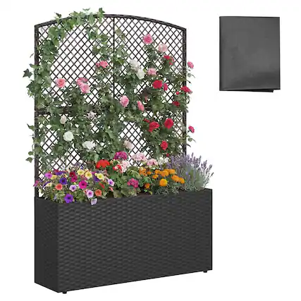 Front. Costway - Costway 1 PCS 58" Raised Garden Bed with Trellis, Wicker Planter Box with Privacy Screen - Black.