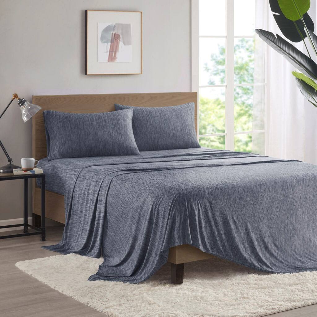 Alt View 1. Gracie Mills - Gracie Mills Azalea Heathered Jersey Knit Nylon Blend Sheet Set - Navy.